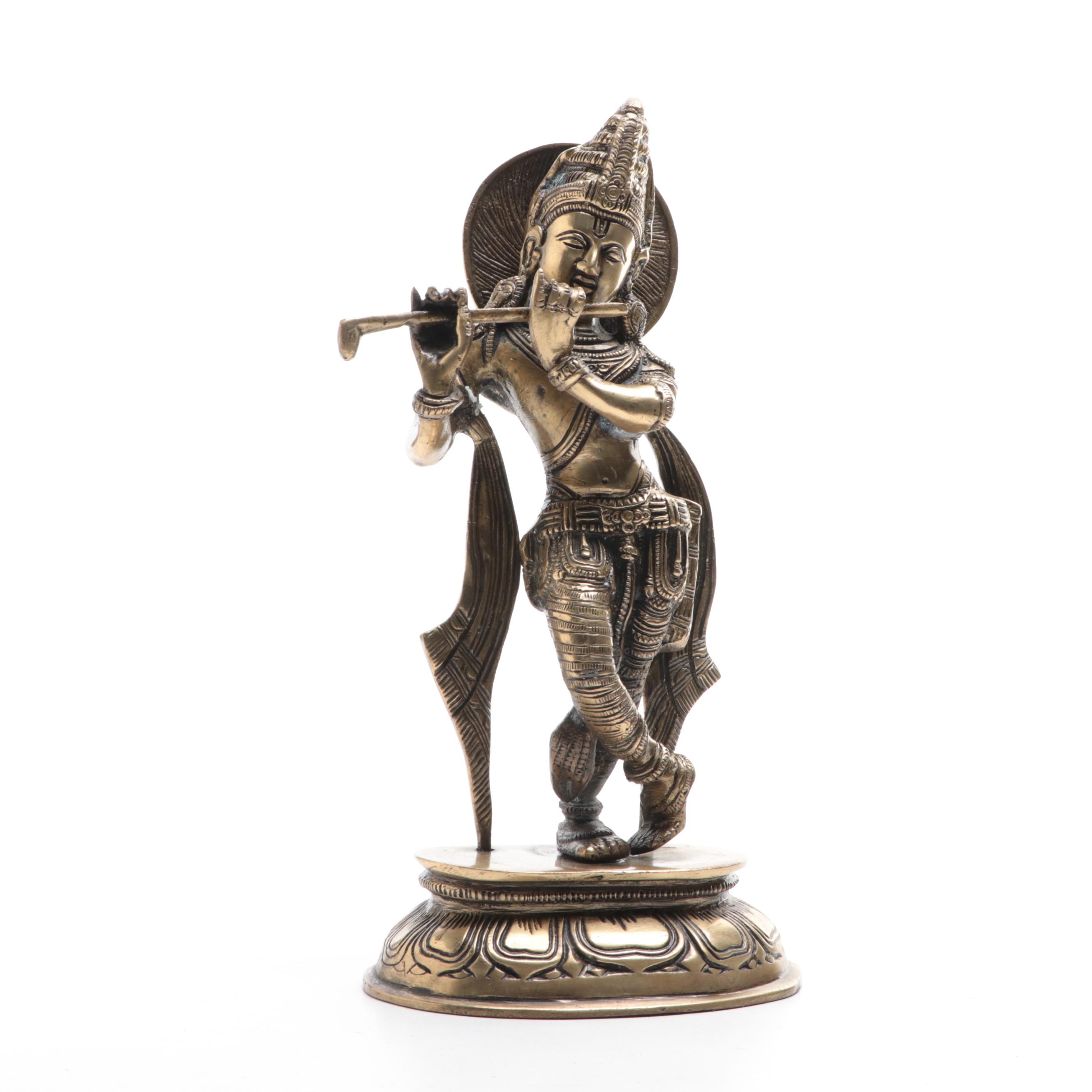 Brass Krishna Playing Flute Figurine