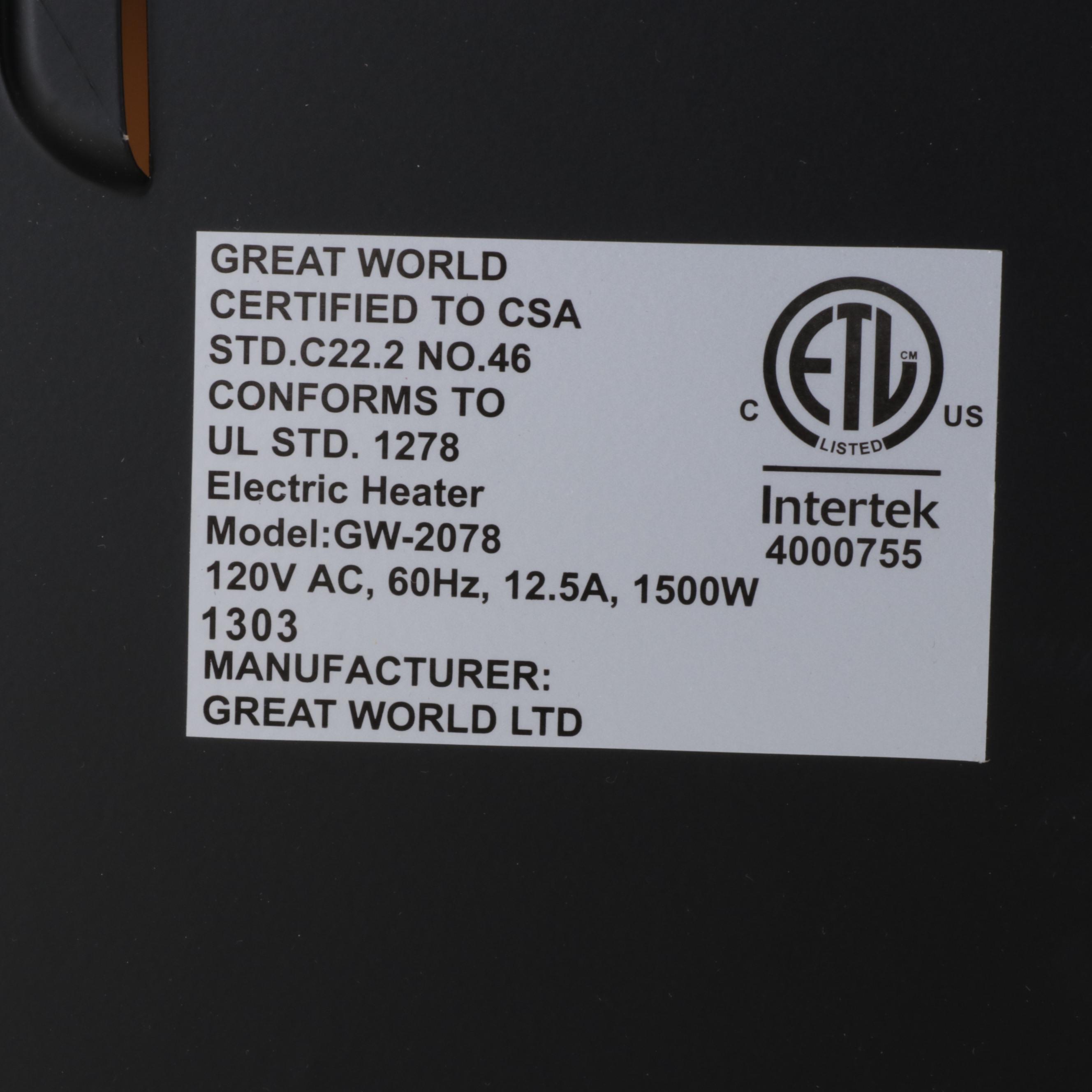 Great World Ltd. "Model GW-2078" Oak-Finished Electric Fireplace