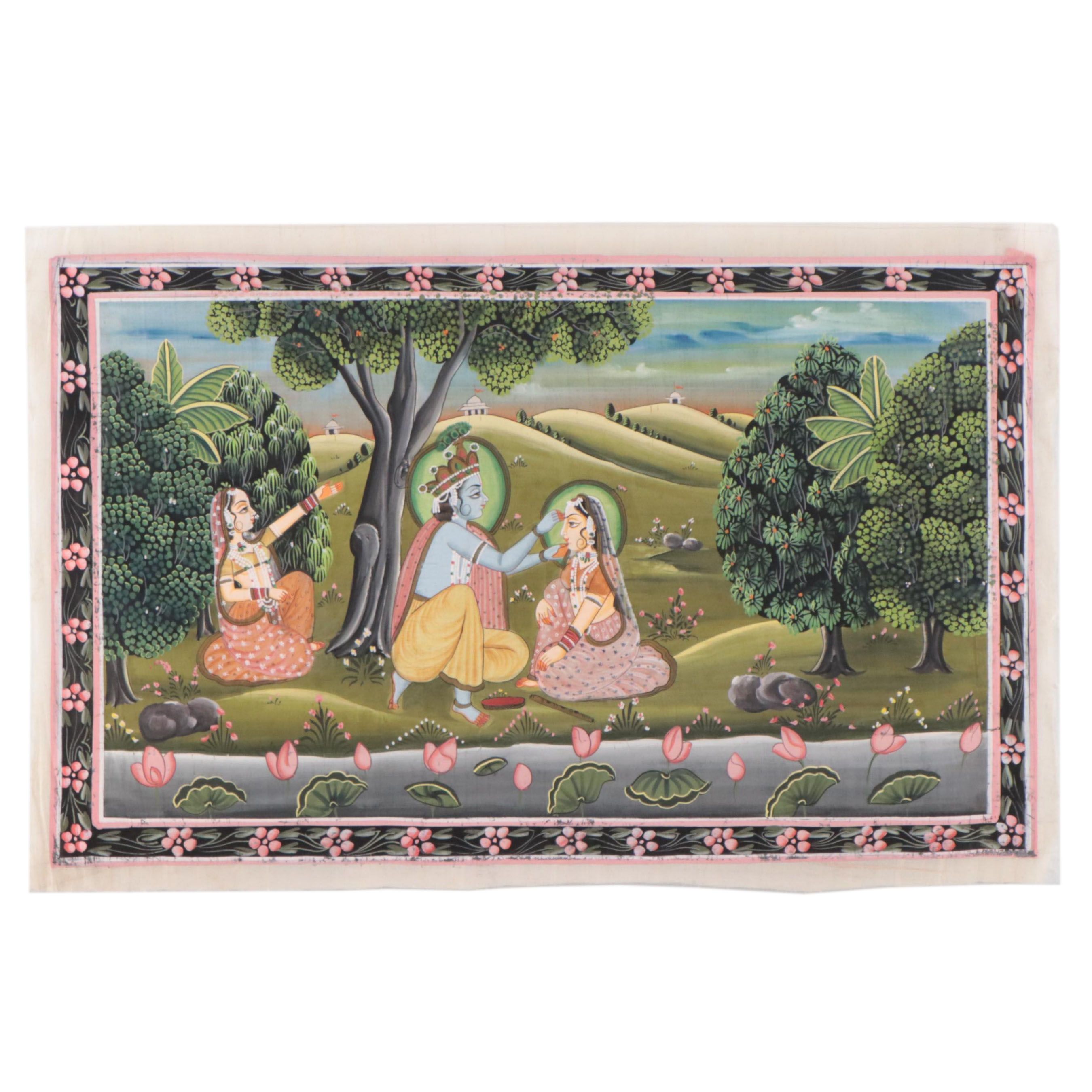 Indian Rajput Gouache Painting of Krishna and Radha