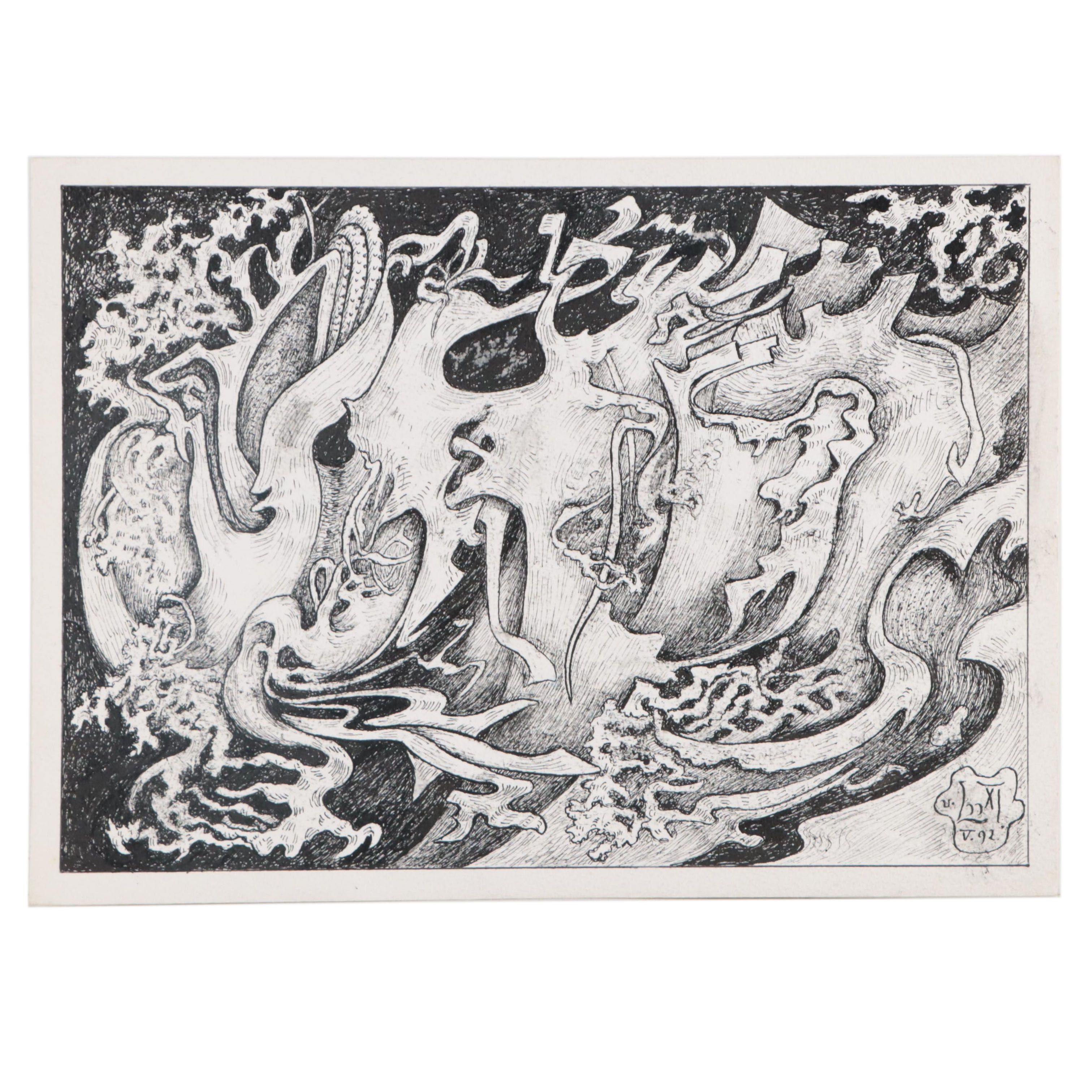 Gustav Von der Loo Abstract Ink Drawing, 1992