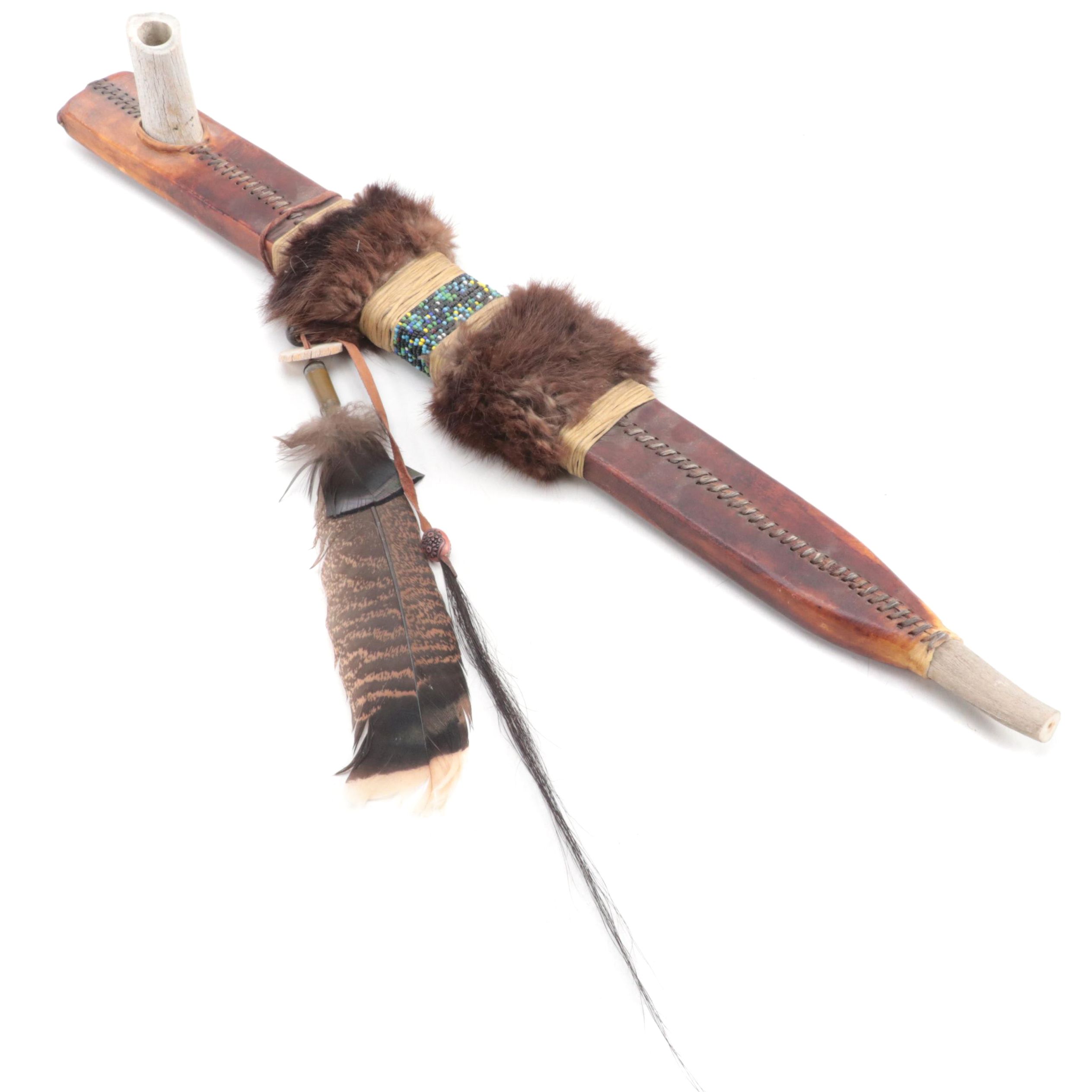 Native American Style Hand-Carved Wood Pipe With Beadwork and Fur Trim
