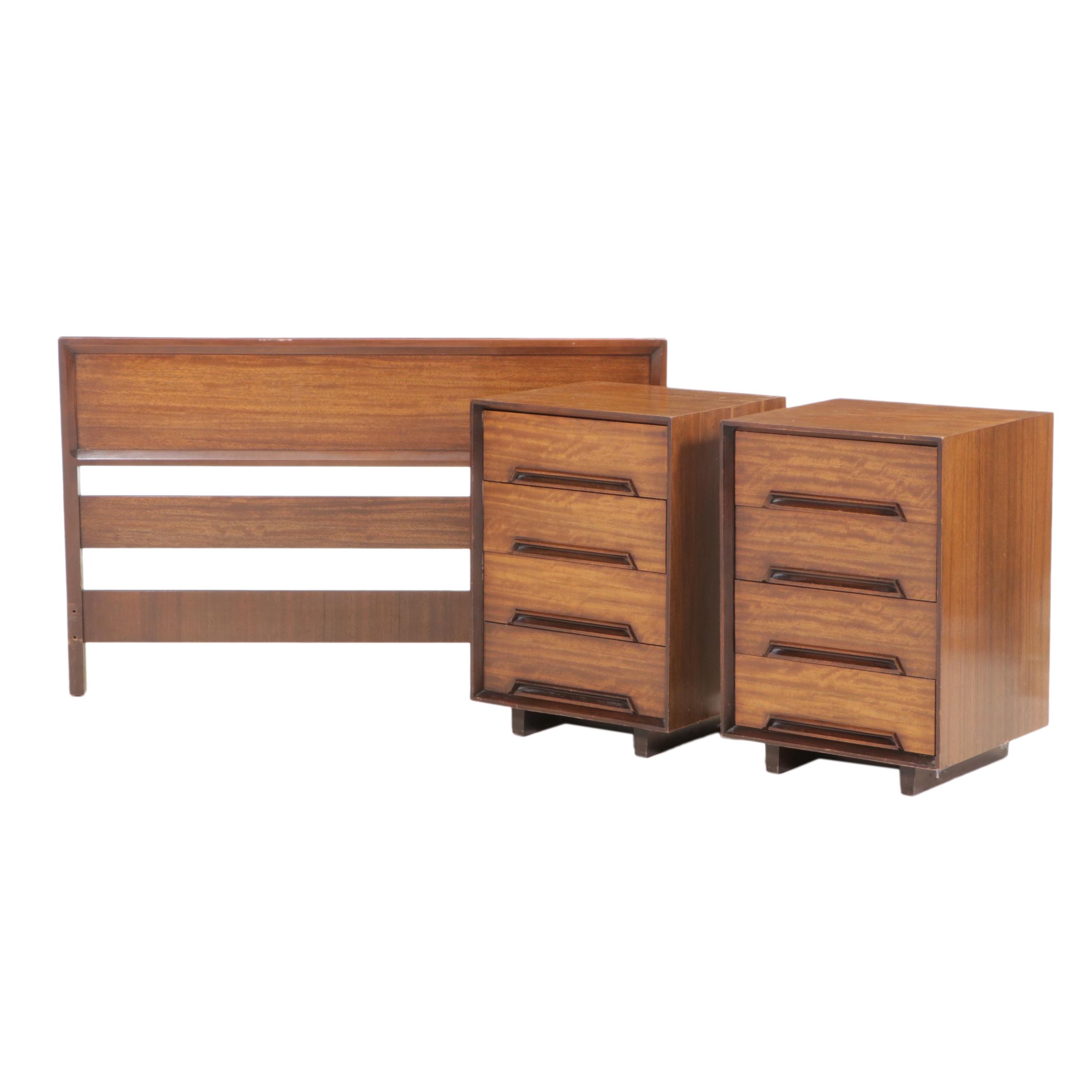 Milo Baughman for Drexel "Perspective" Mindoro Wood Nightstands & Full Headboard