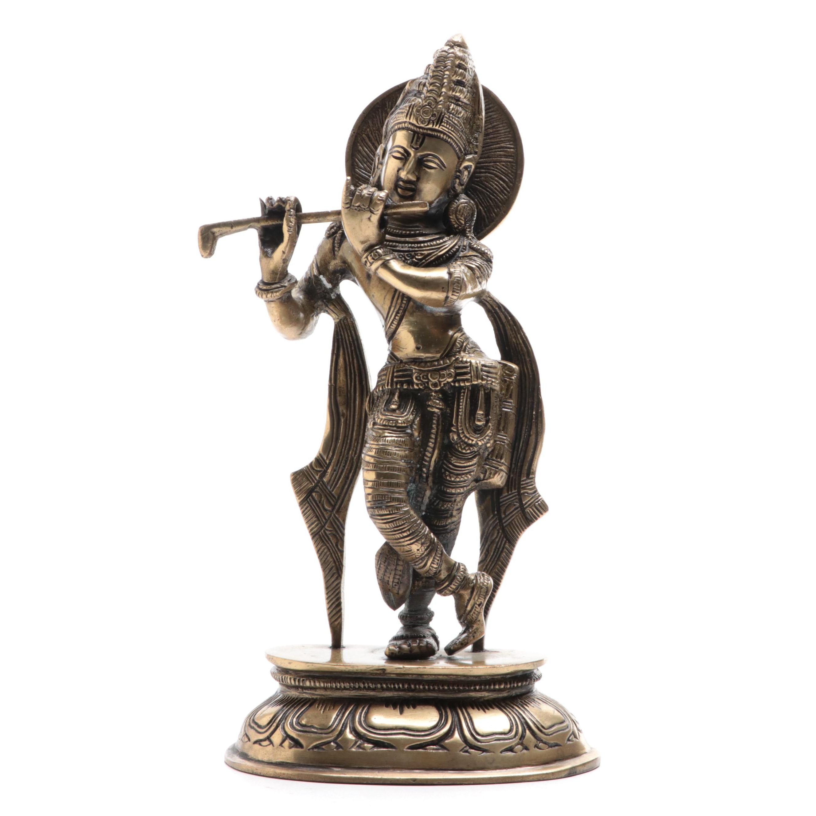 Brass Krishna Playing Flute Figurine