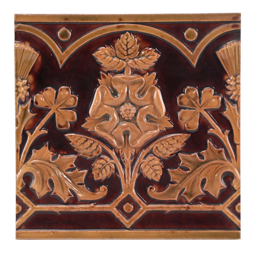 Campbell Pottery Glazed Earthenware Tile of Tudor Rose, Circa 1920