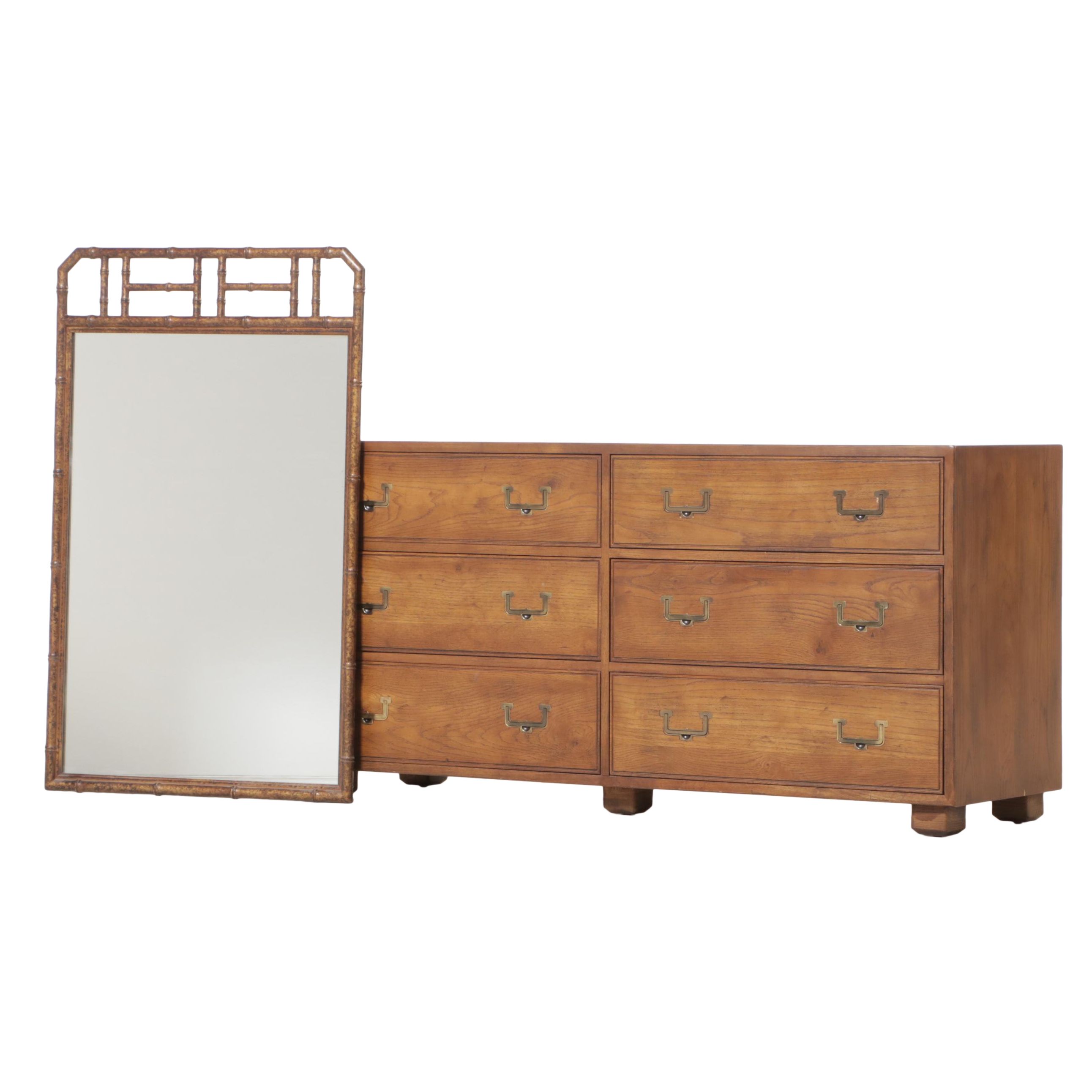 Henredon "Artefacts" Campaign Style Oak and Faux-Bamboo Six-Drawer Dresser