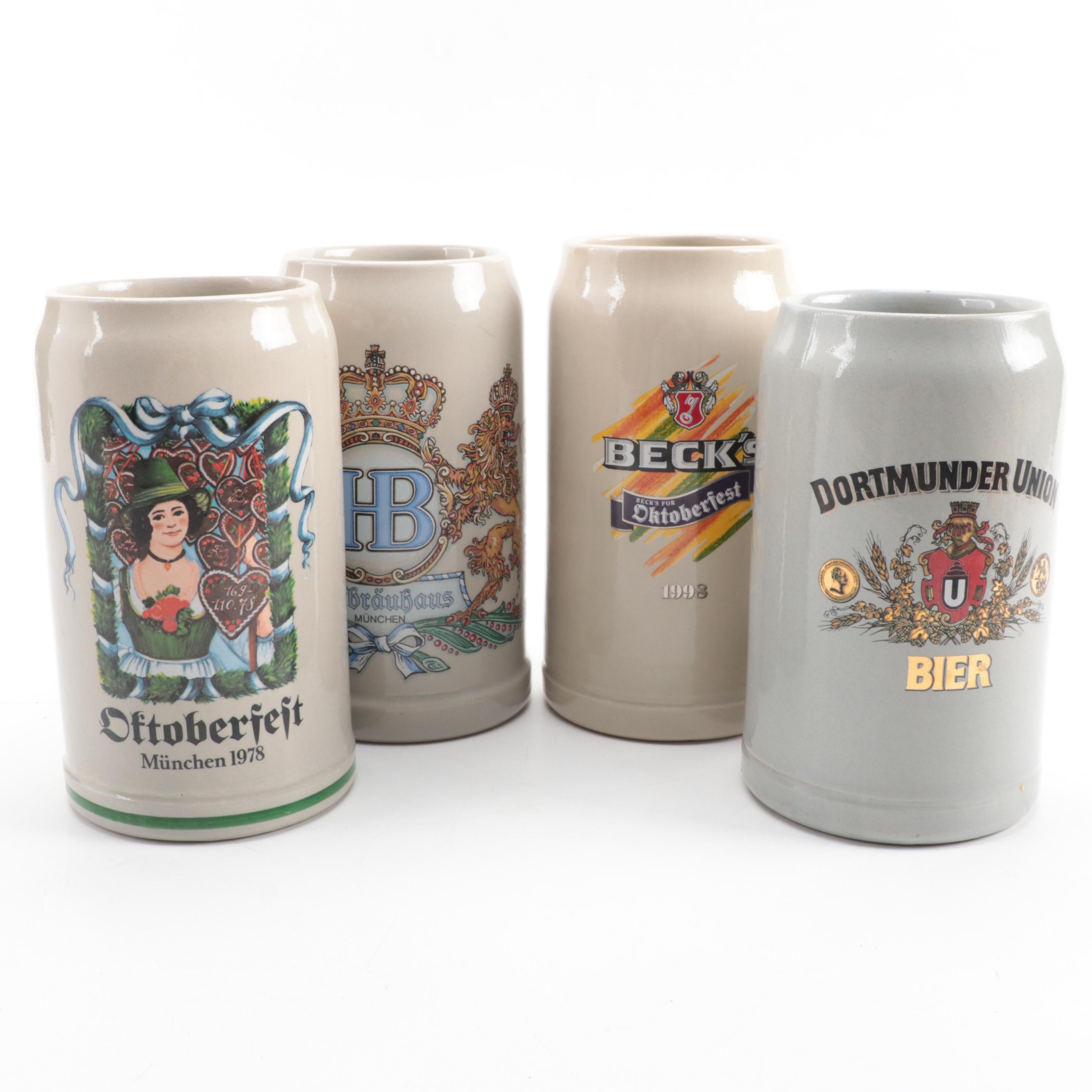 Oktoberfest and Other Stoneware Beer Steins, Late 20th Century