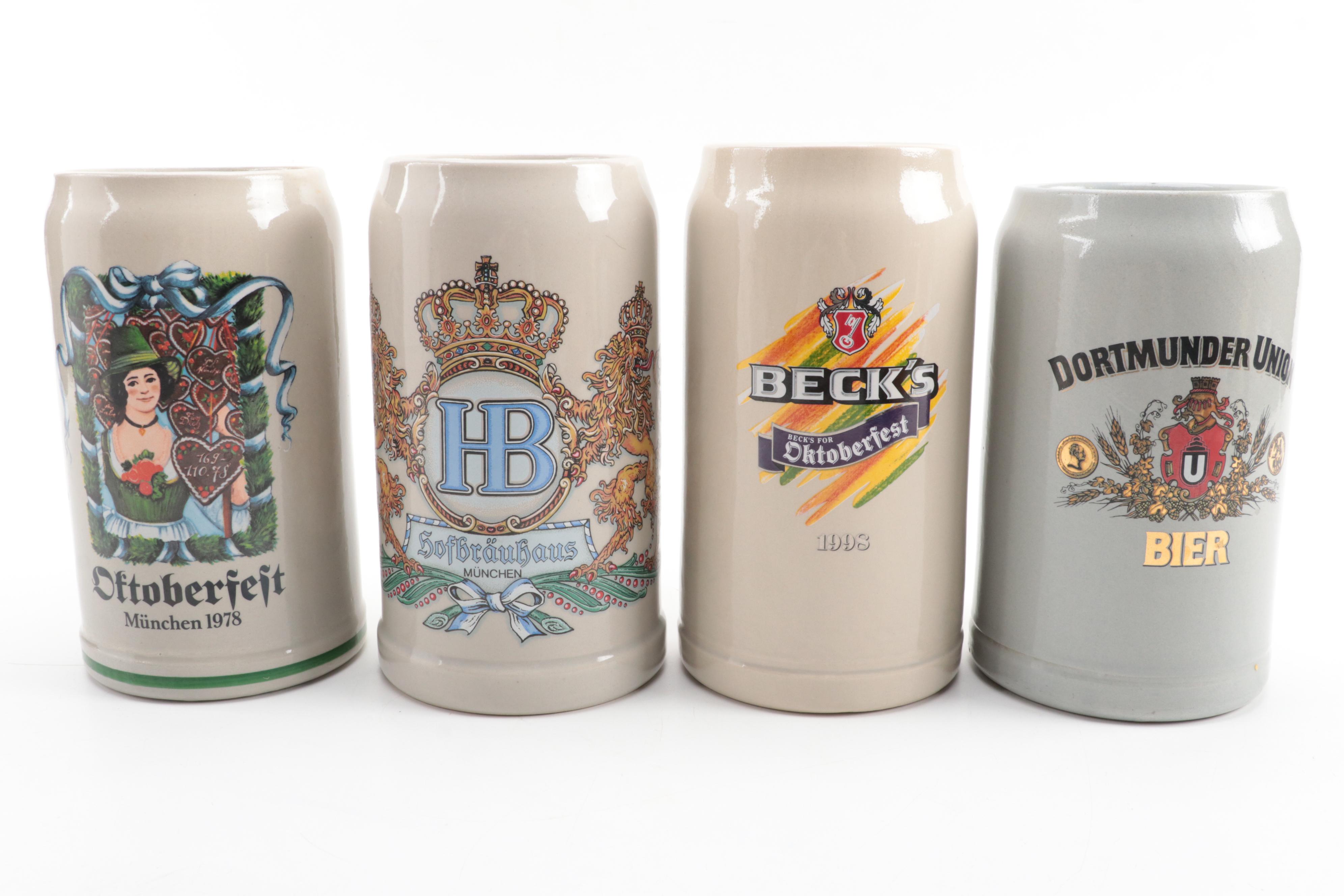 Oktoberfest and Other Stoneware Beer Steins, Late 20th Century