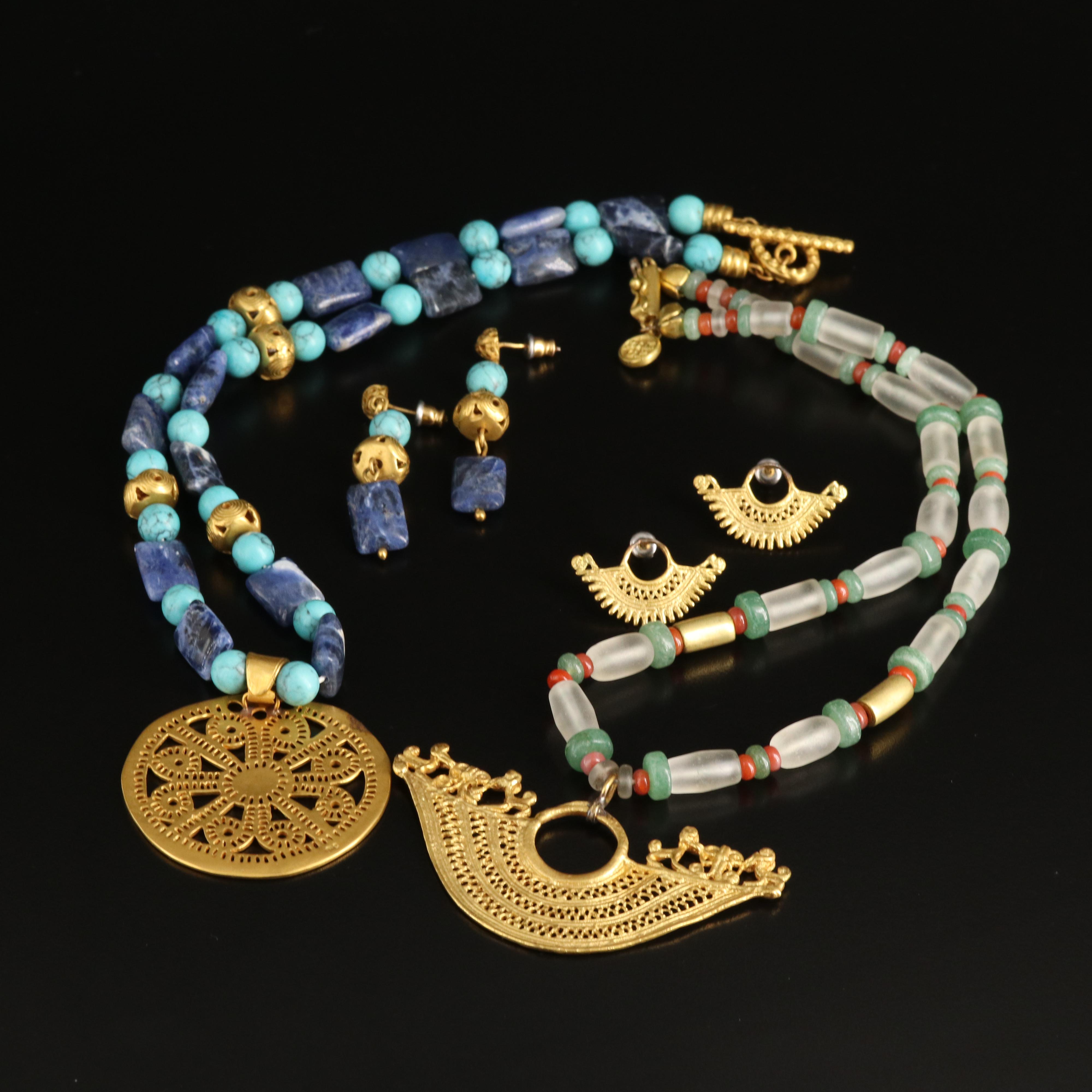 Colombian Reproduction Sodalite and Aventurine Necklace and Earring Sets