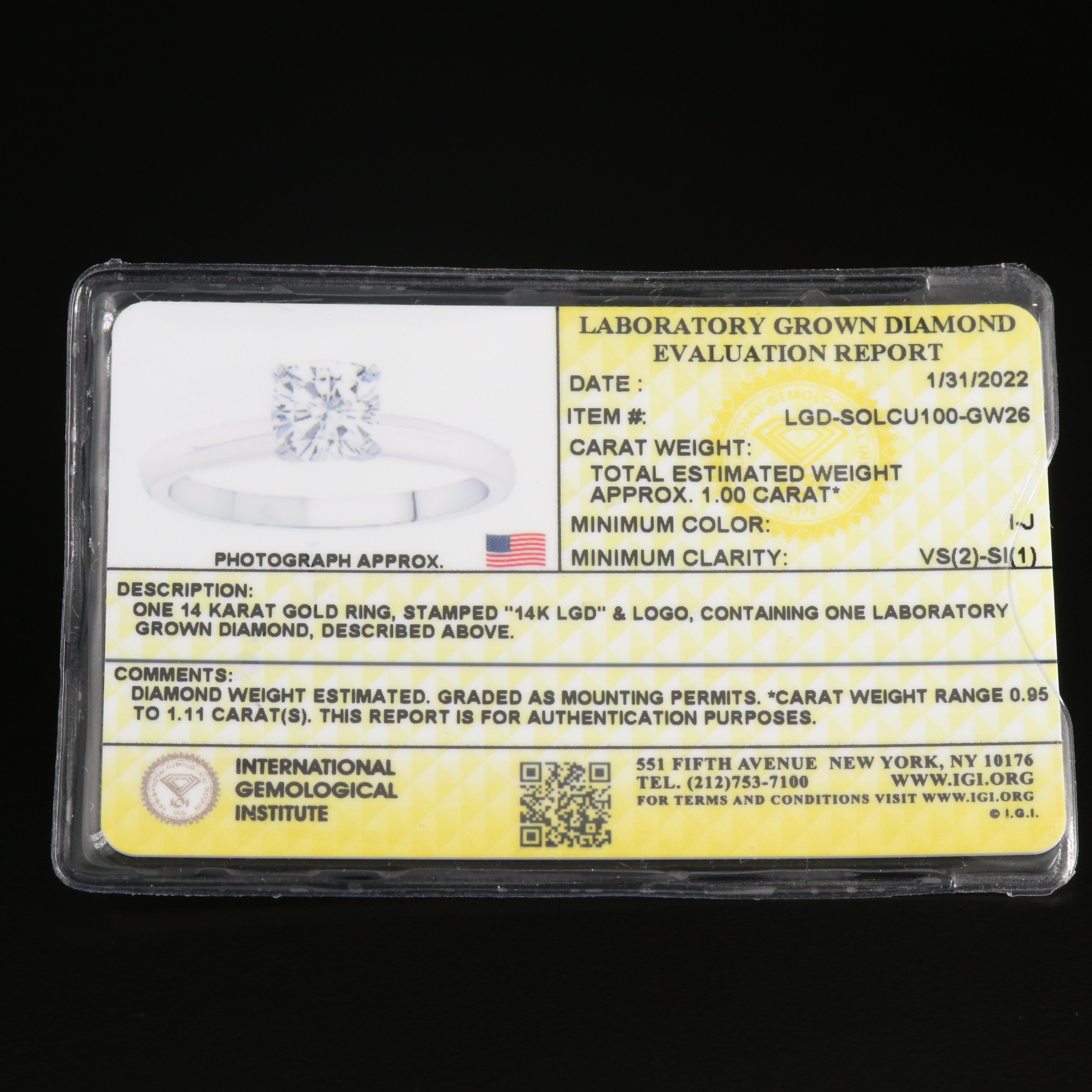 14K 1.00 CT Lab Grown Diamond Solitaire Ring with IGI Report