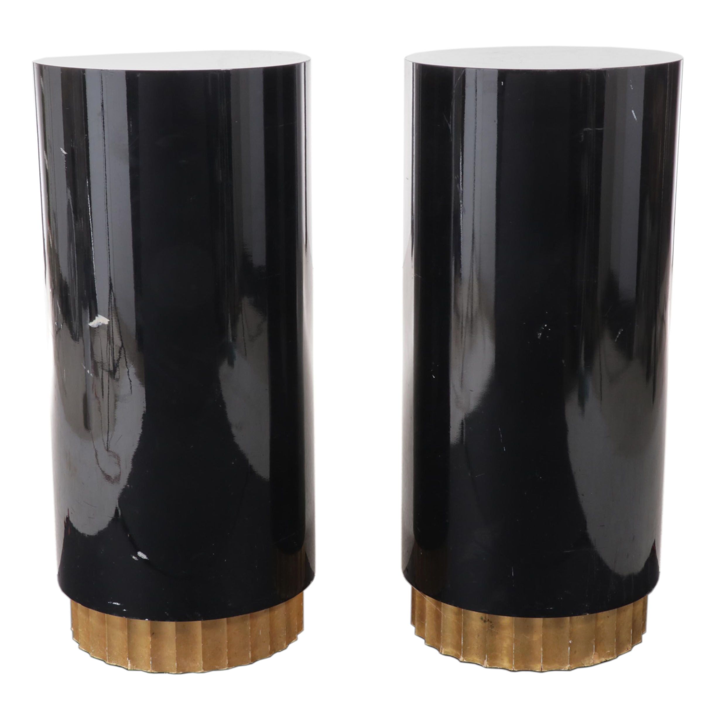 Pair of Deco Revival Style Black Lacquer and Parcel-Gilt Pedestal Stands