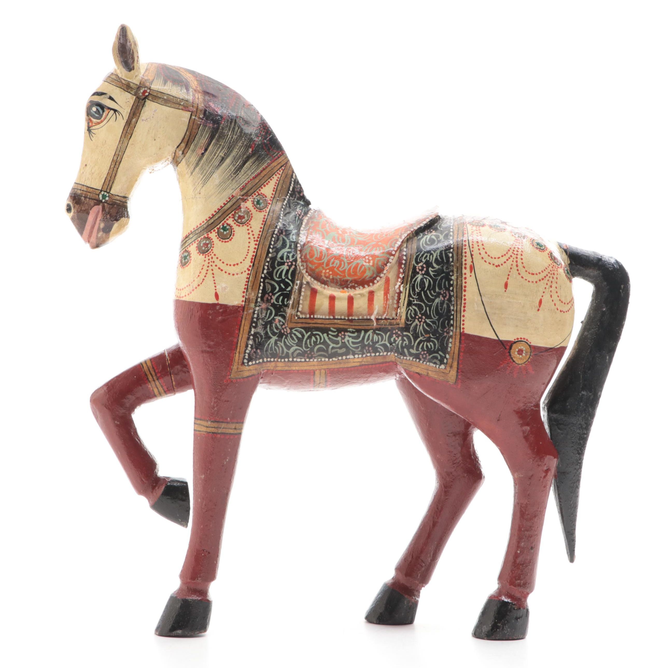 Indian Polychrome Carved Wood Ghodi Wedding Horse Figurine