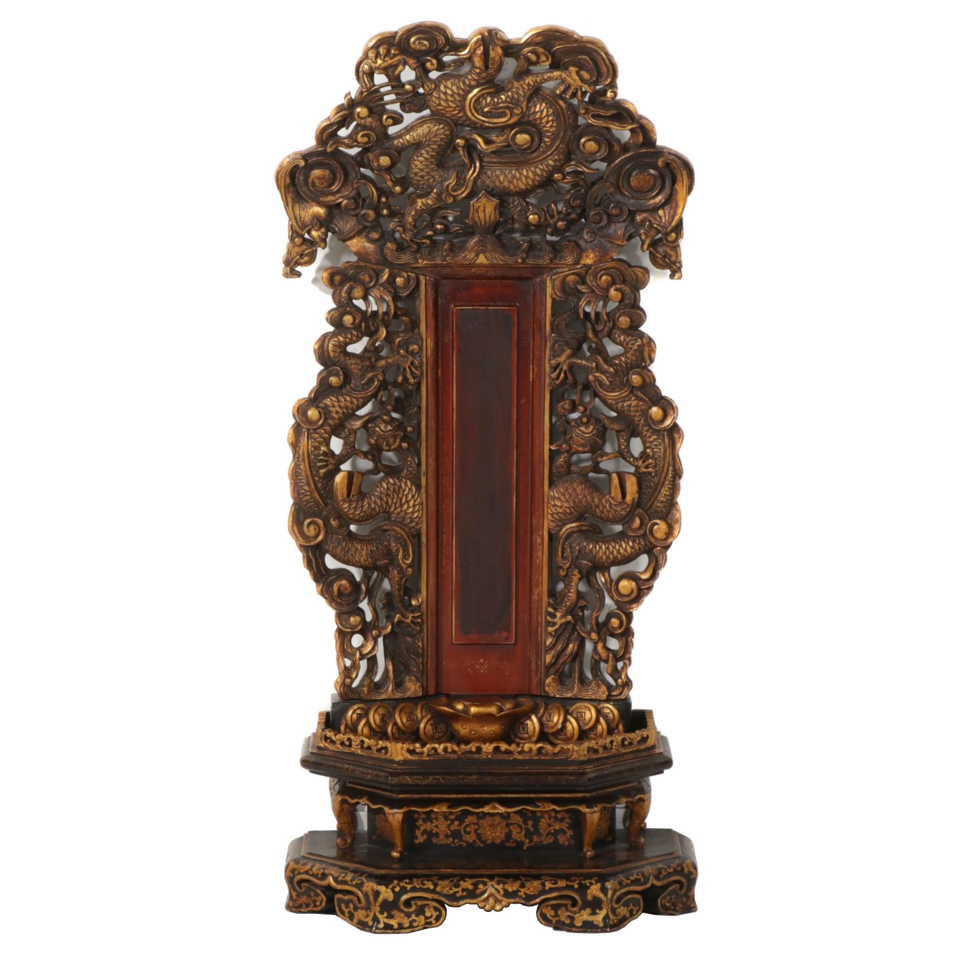 Chinese Parcel-Gilt, Black and Red Lacquer Three-Piece Shrine