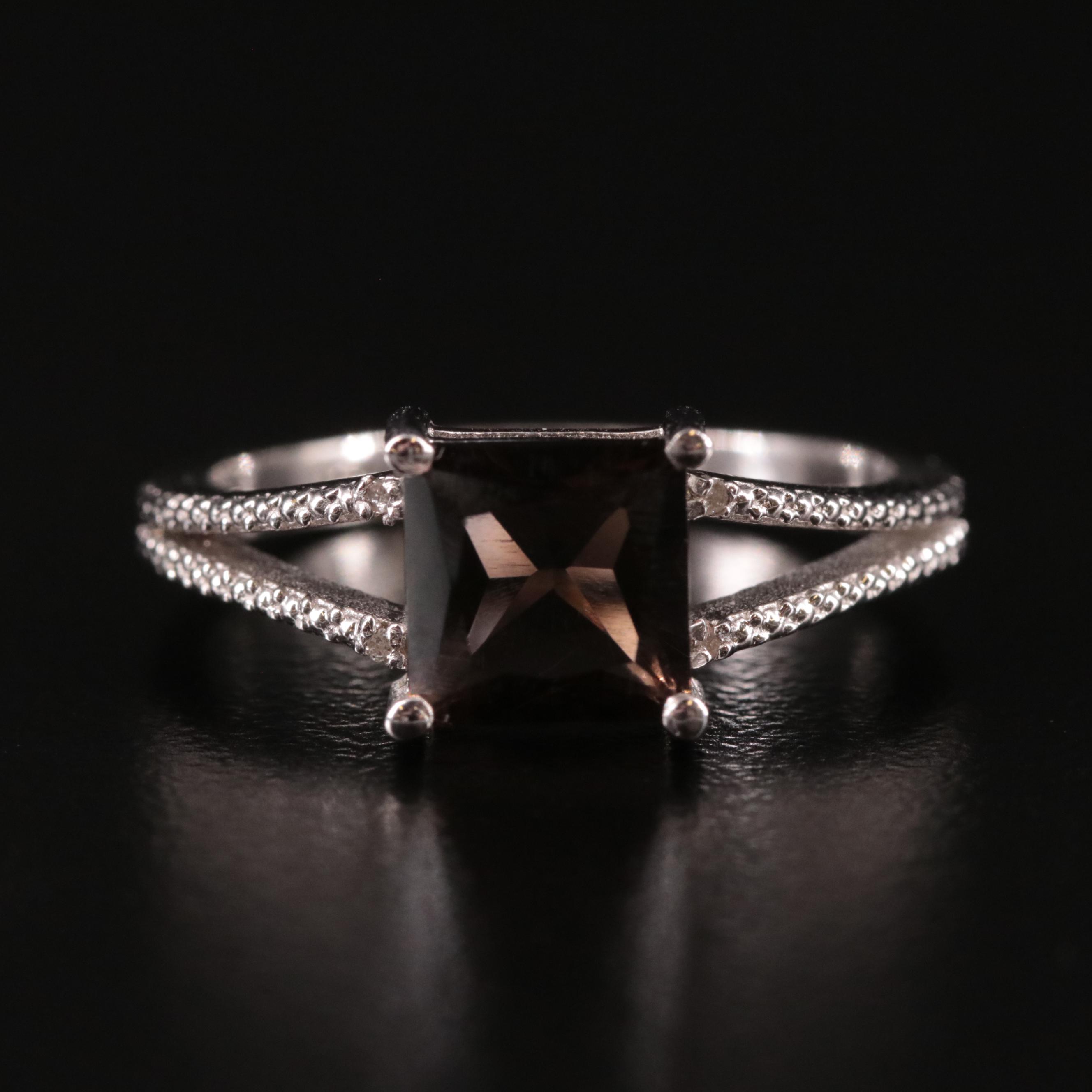 Sterling, Smoky Quartz and Diamond Ring