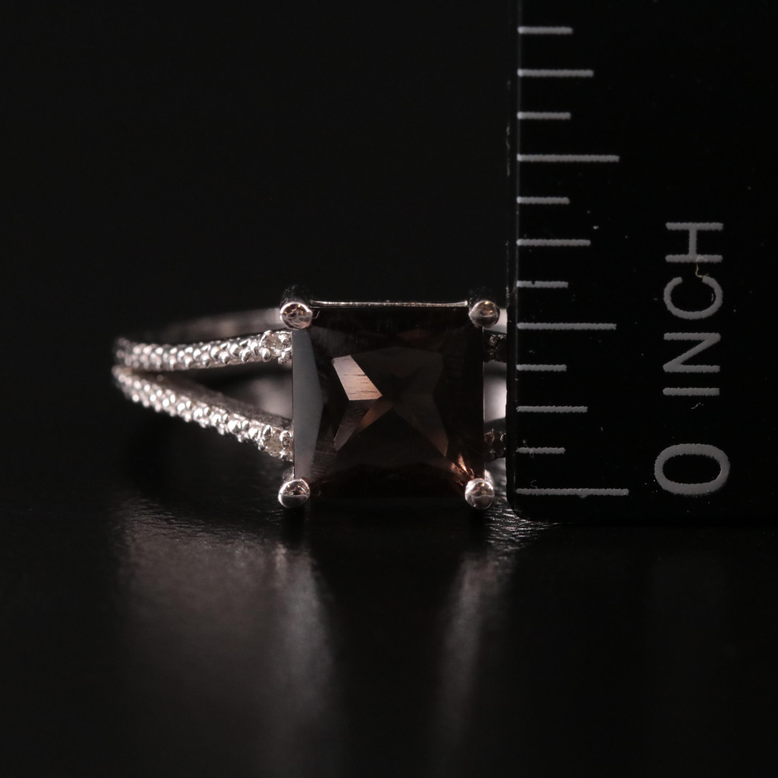 Sterling, Smoky Quartz and Diamond Ring