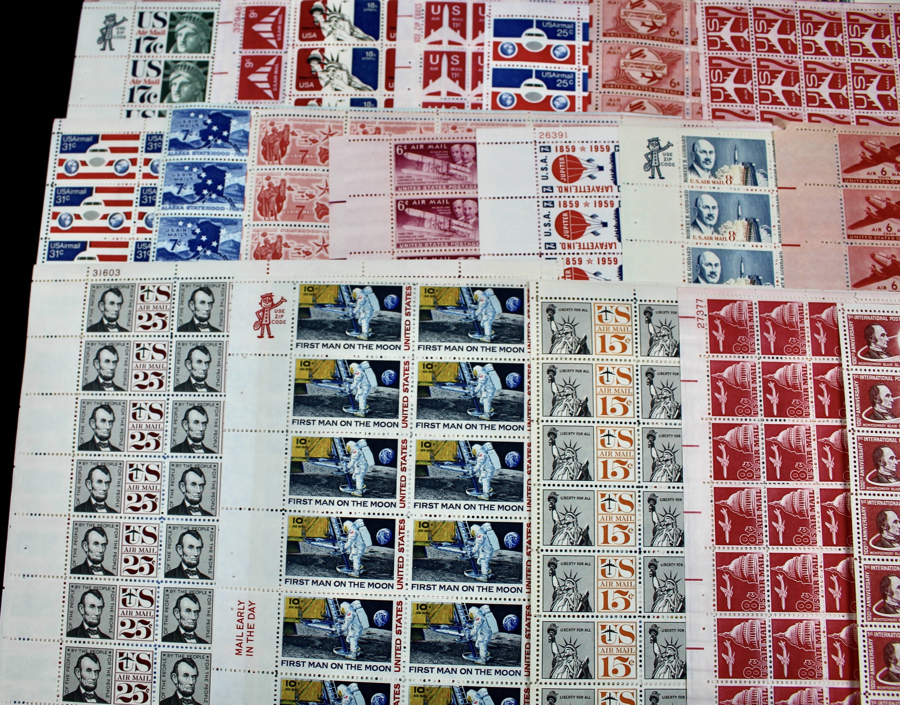 Twenty-Seven U.S. Airmail Postage Stamp Sheets