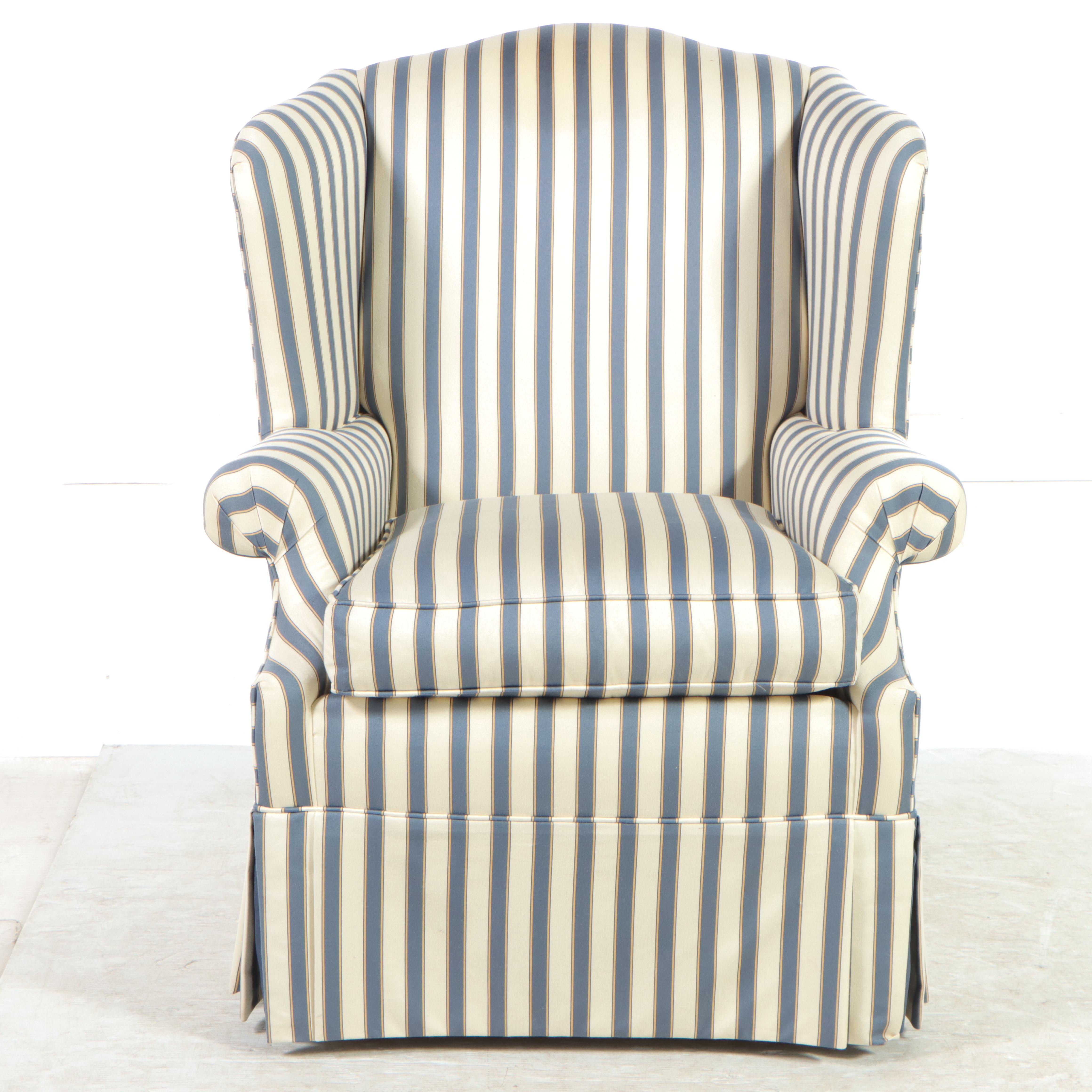 Ethan Allen Ticking Stripe Upholstered Wingback Armchair and Ottoman