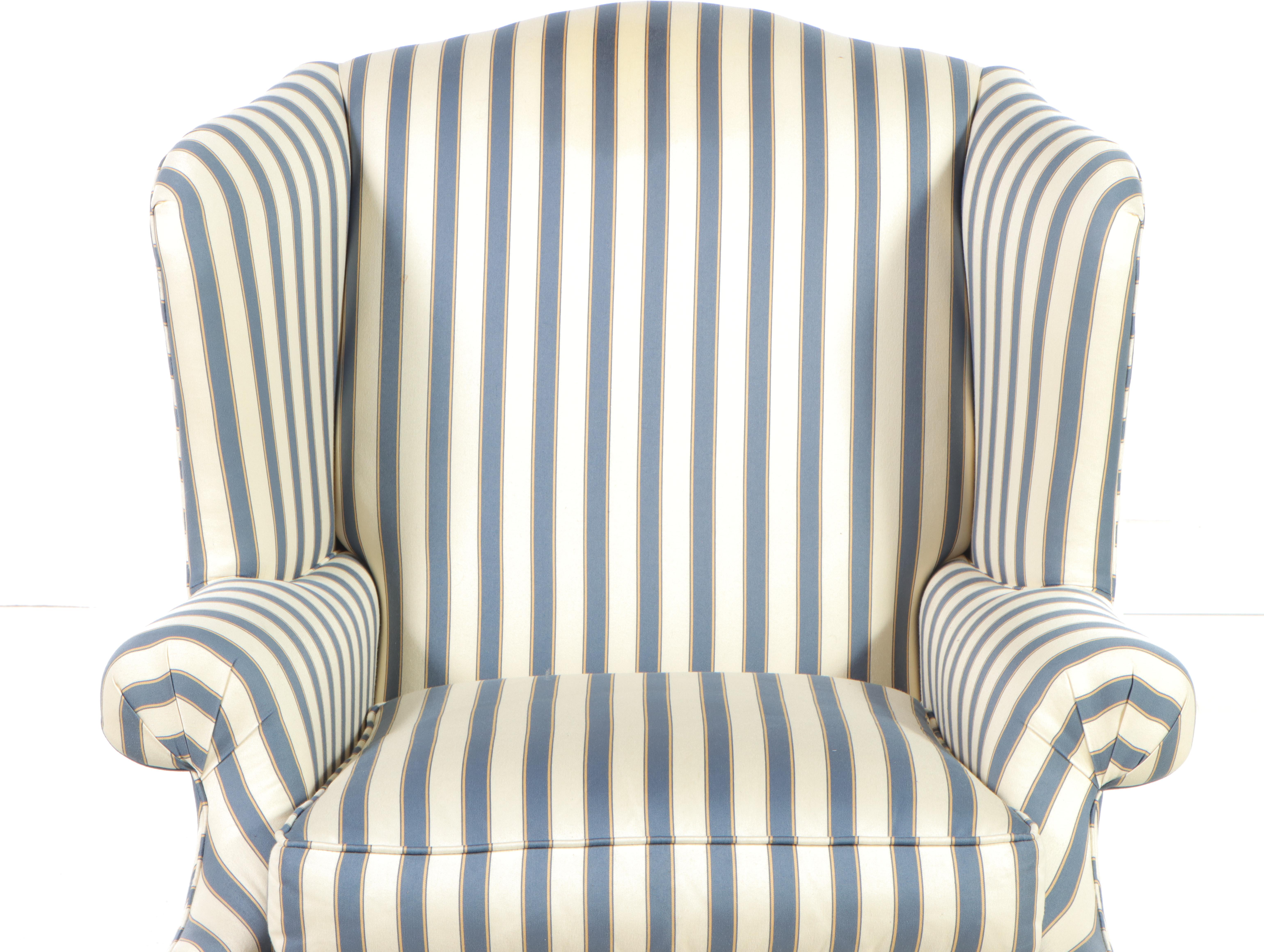 Ethan Allen Ticking Stripe Upholstered Wingback Armchair and Ottoman