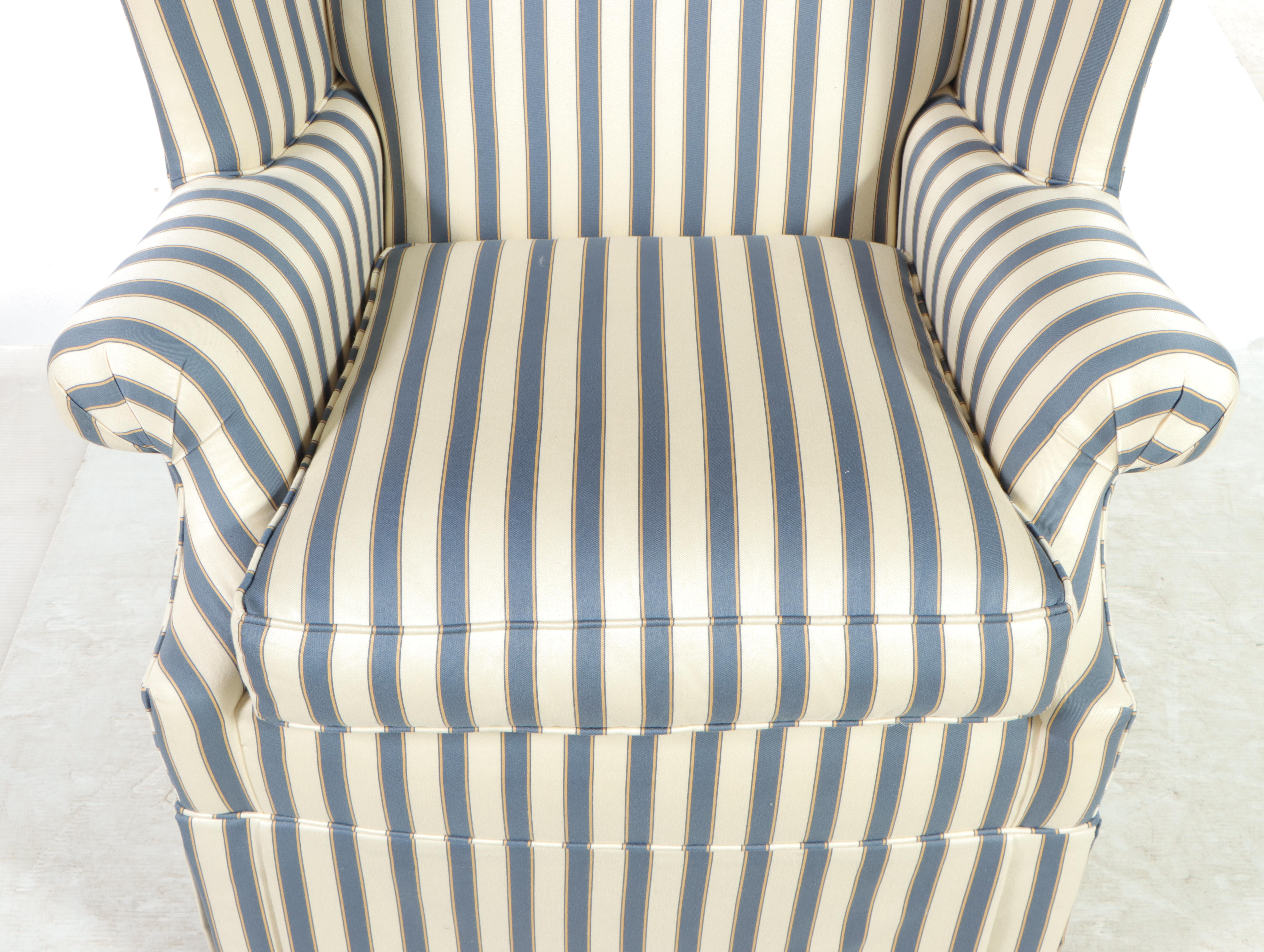 Ethan Allen Ticking Stripe Upholstered Wingback Armchair and Ottoman