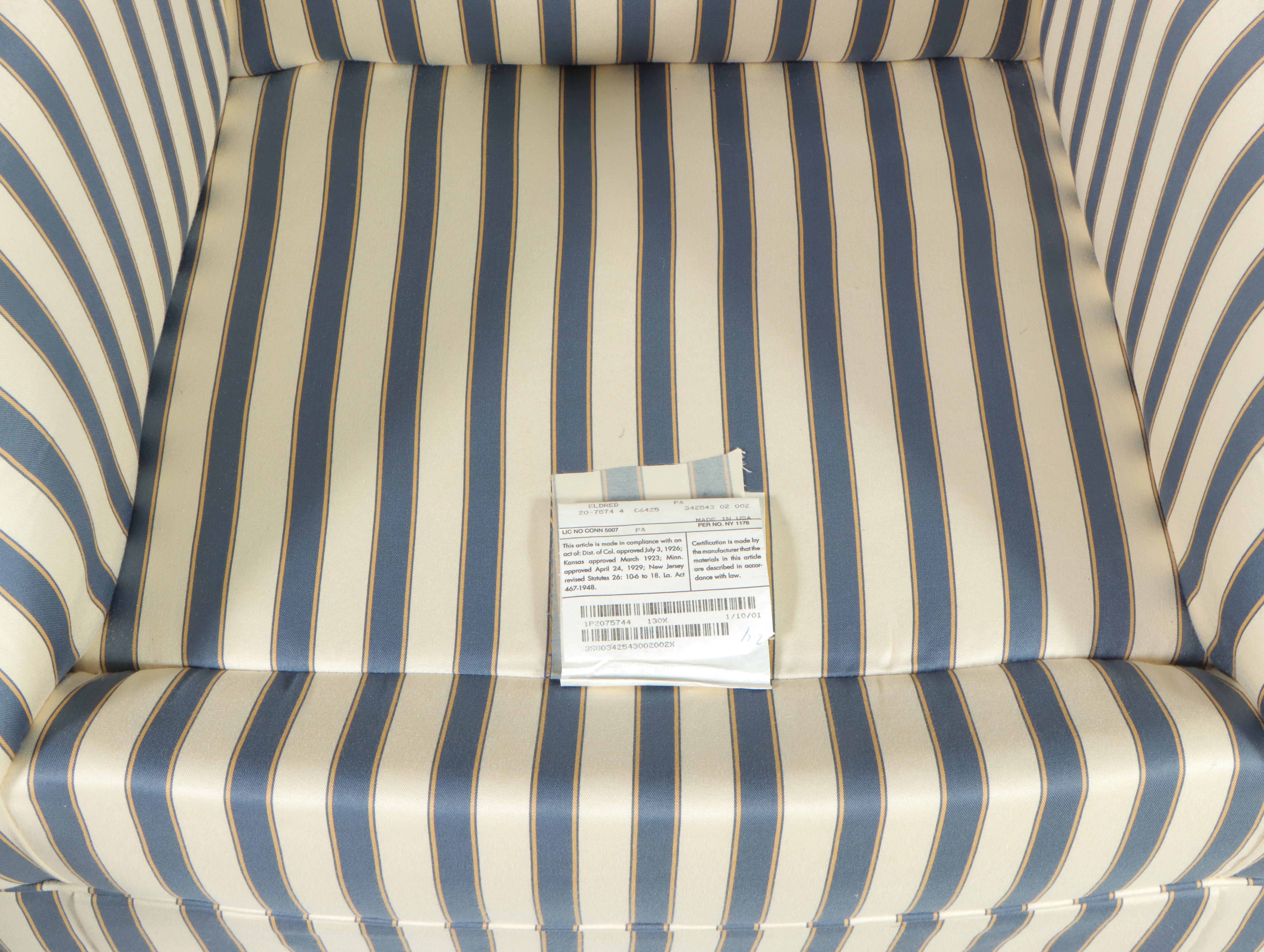 Ethan Allen Ticking Stripe Upholstered Wingback Armchair and Ottoman