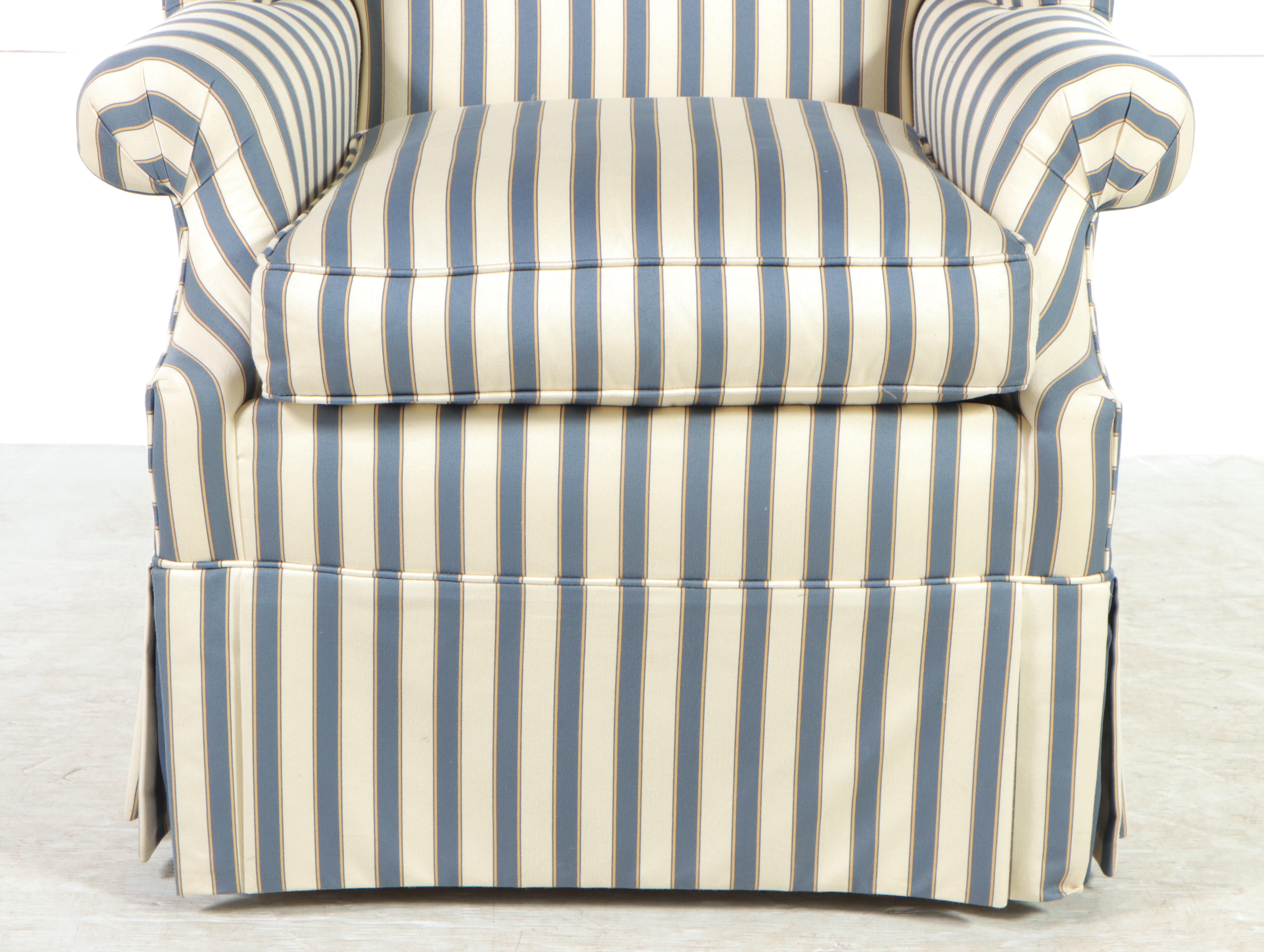 Ethan Allen Ticking Stripe Upholstered Wingback Armchair and Ottoman