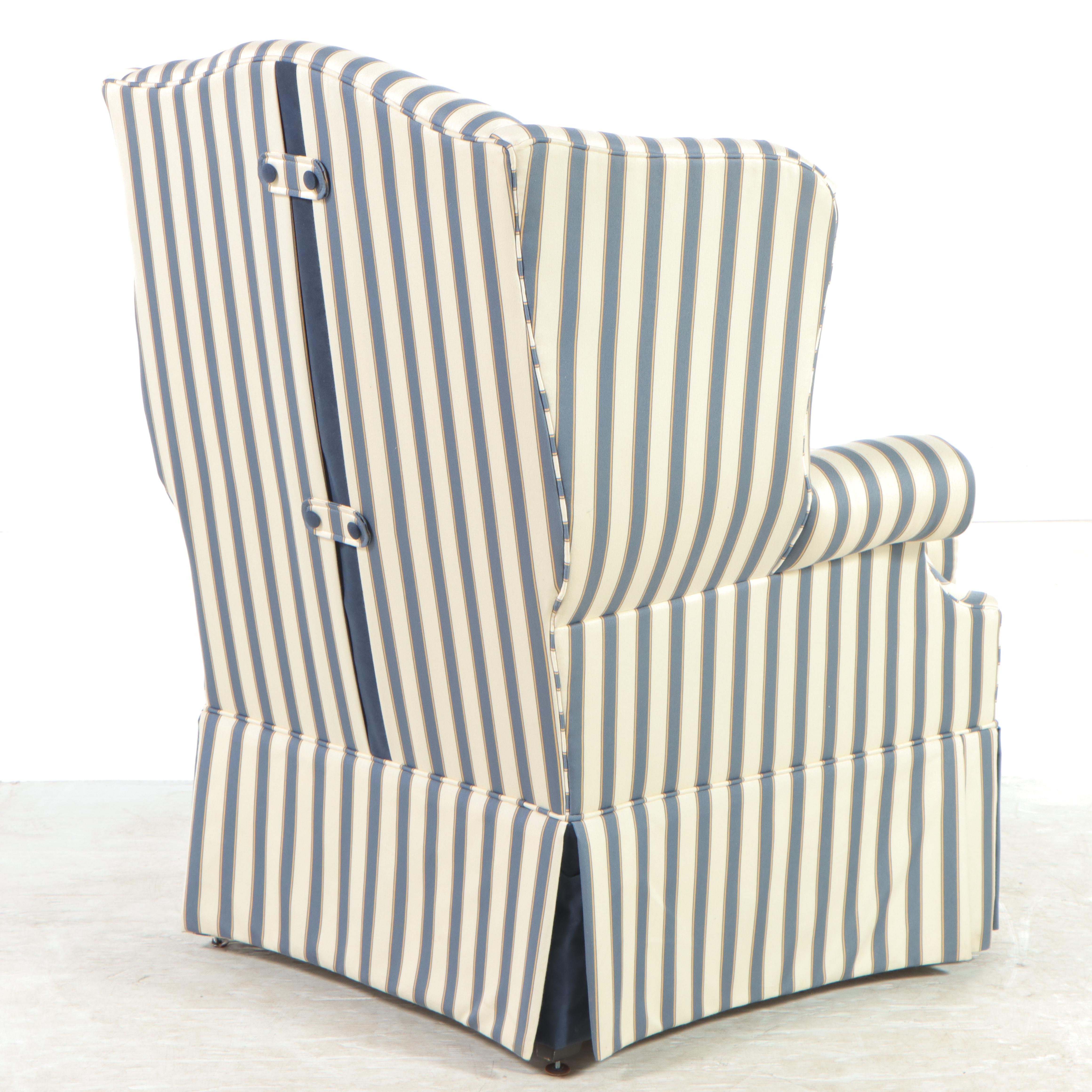 Ethan Allen Ticking Stripe Upholstered Wingback Armchair and Ottoman