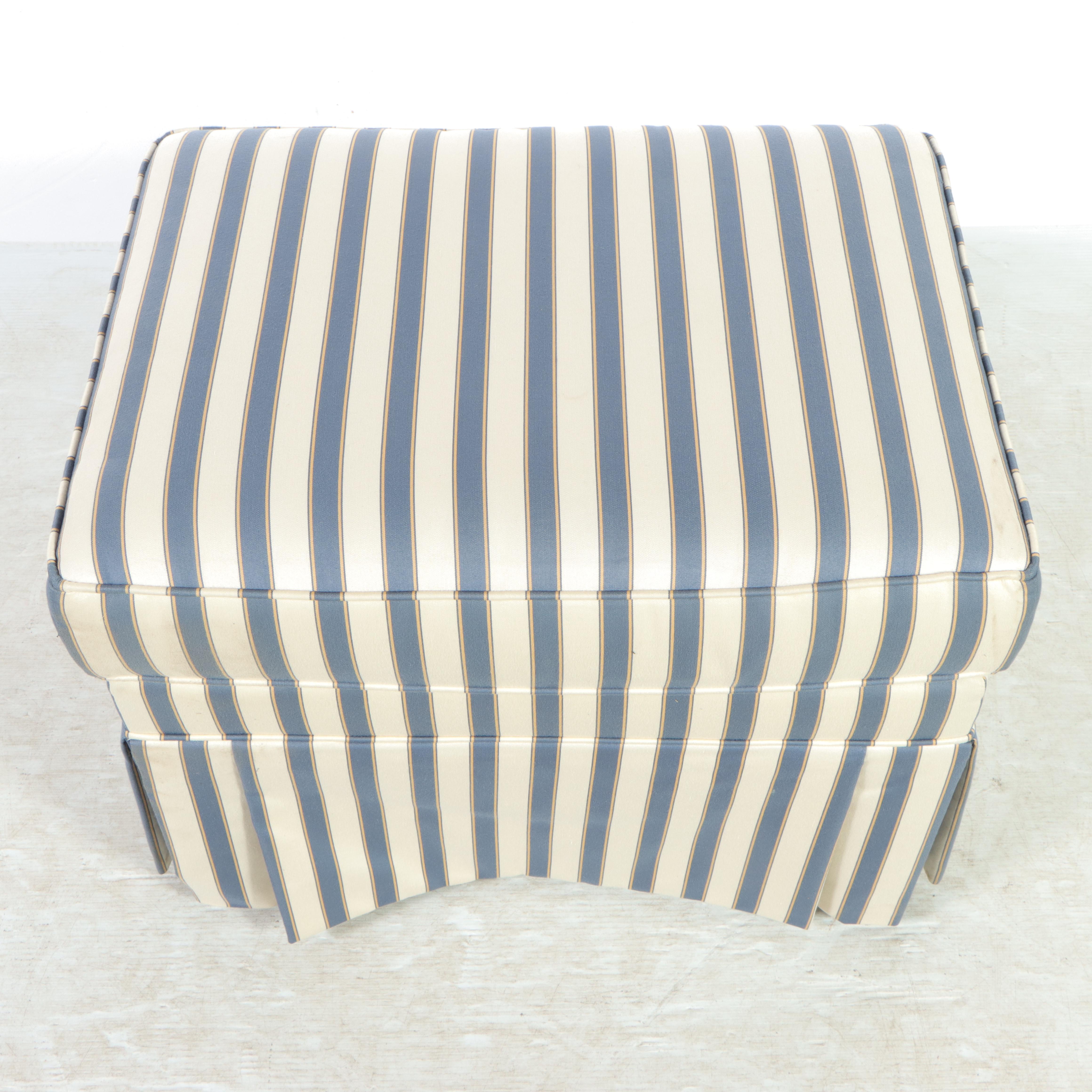 Ethan Allen Ticking Stripe Upholstered Wingback Armchair and Ottoman