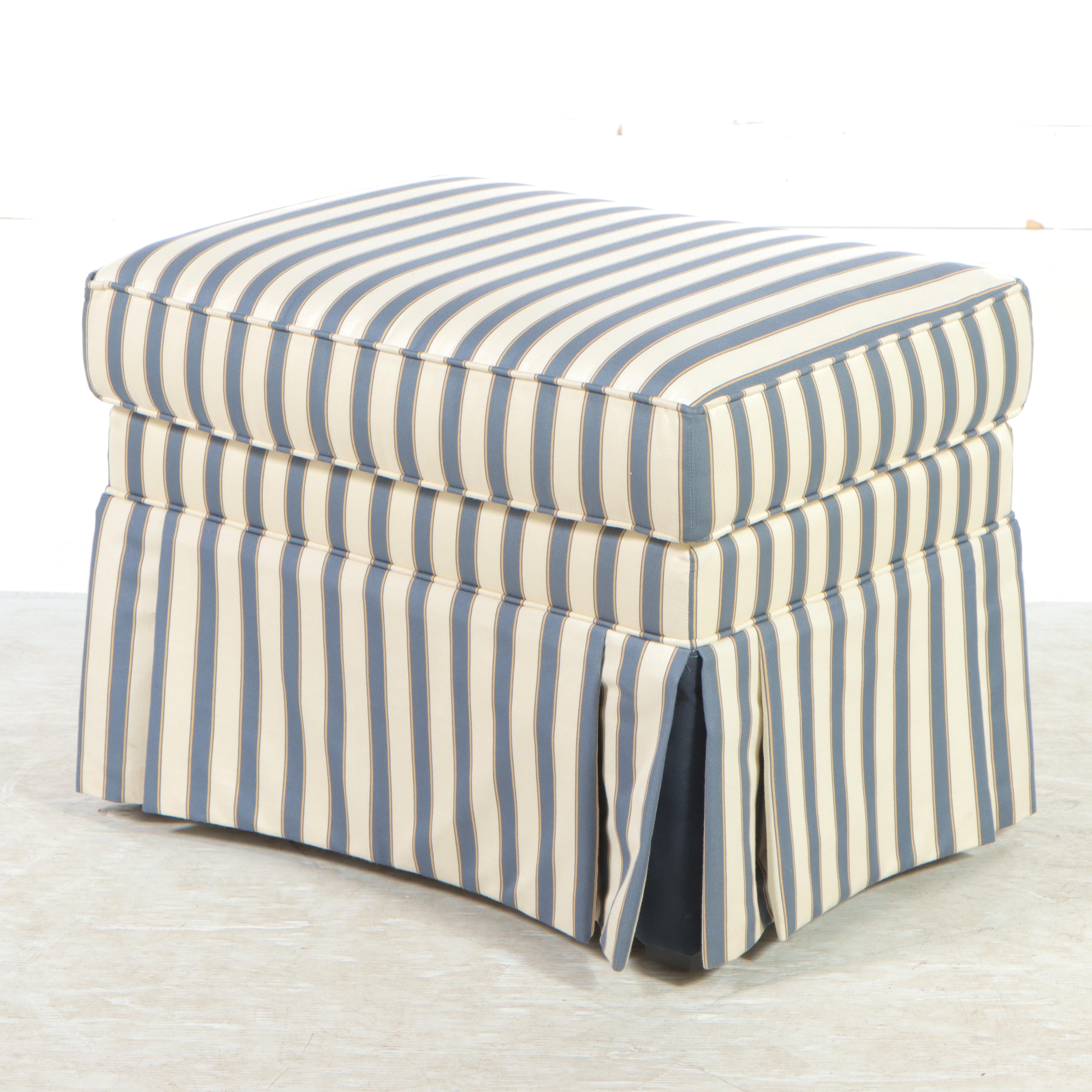 Ethan Allen Ticking Stripe Upholstered Wingback Armchair and Ottoman