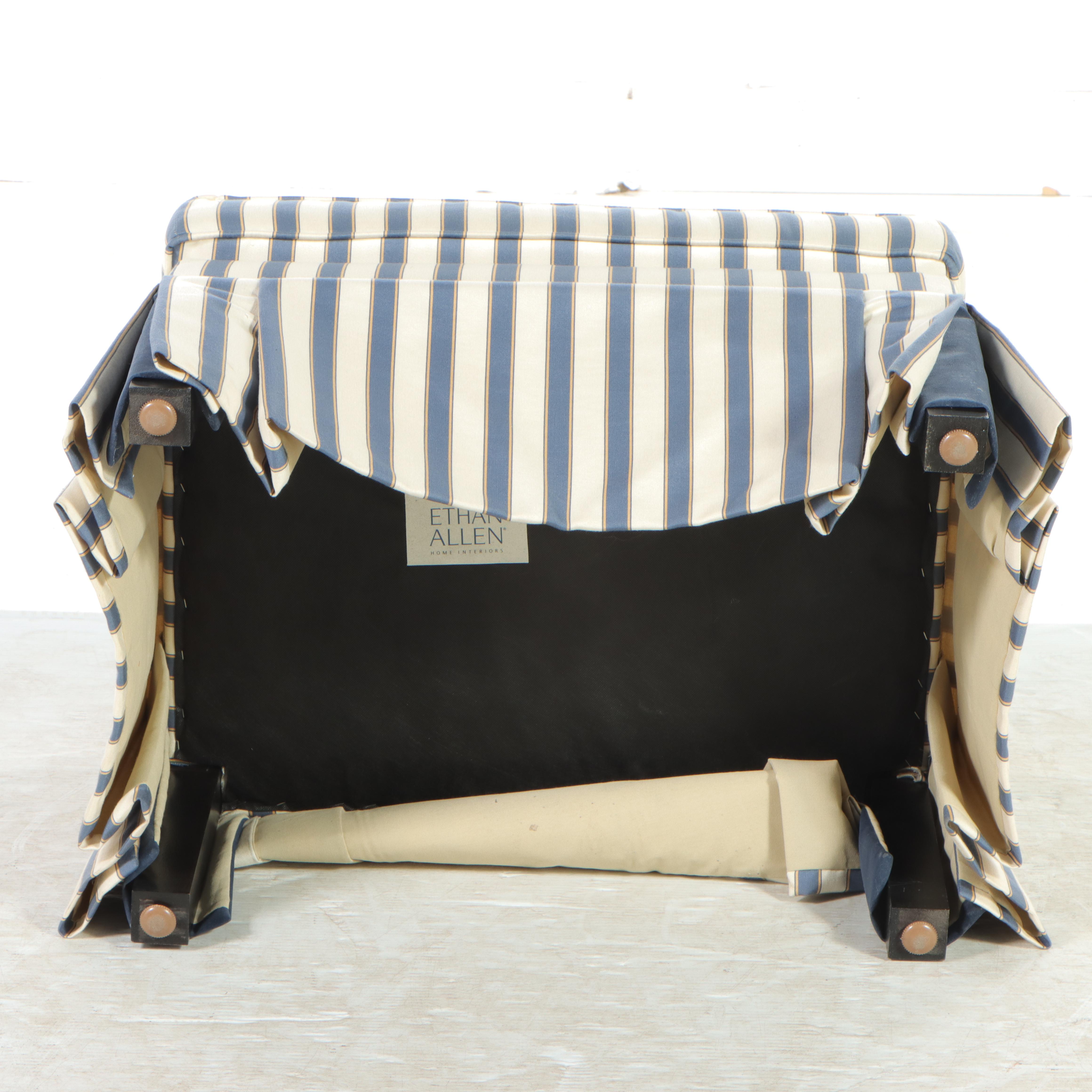 Ethan Allen Ticking Stripe Upholstered Wingback Armchair and Ottoman