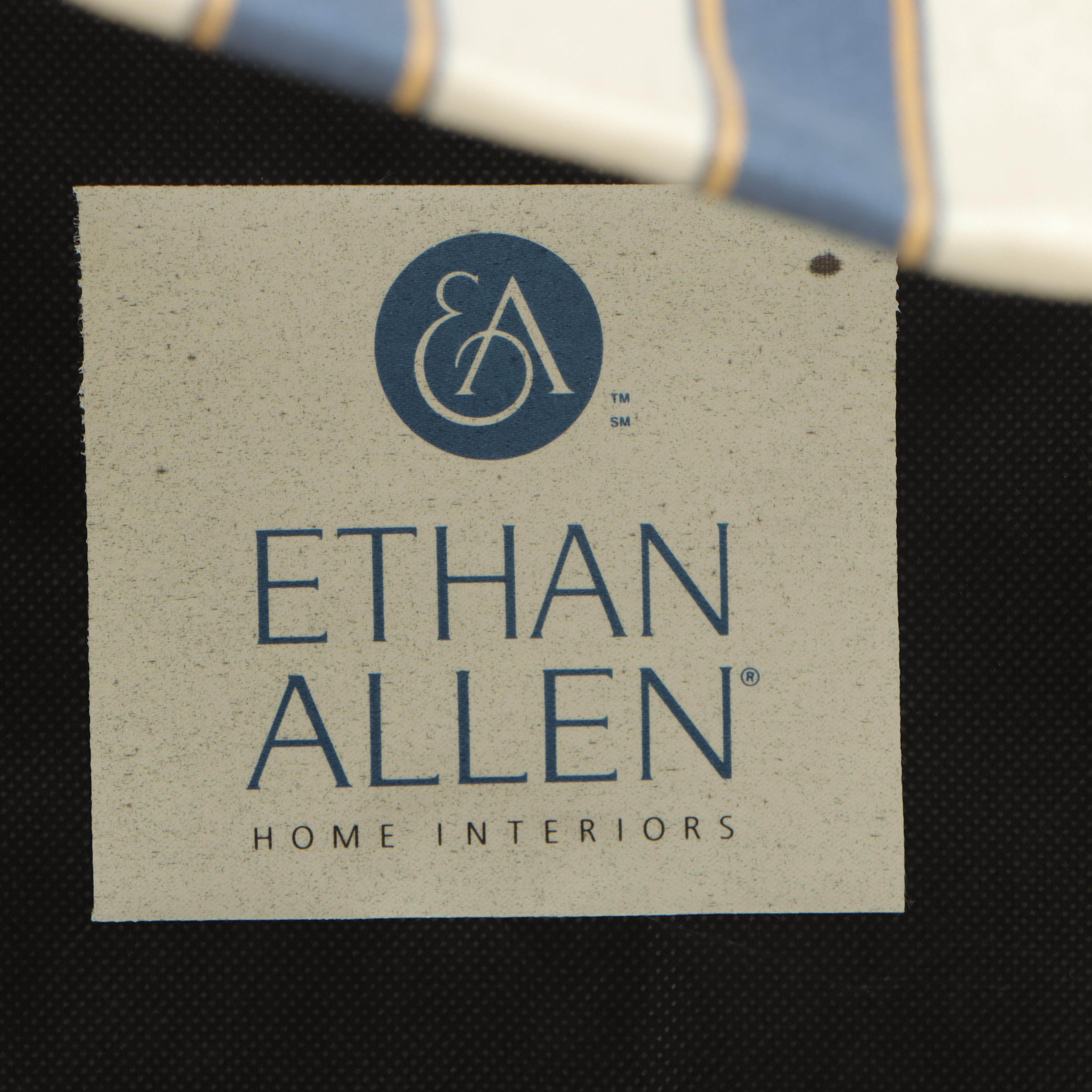 Ethan Allen Ticking Stripe Upholstered Wingback Armchair and Ottoman