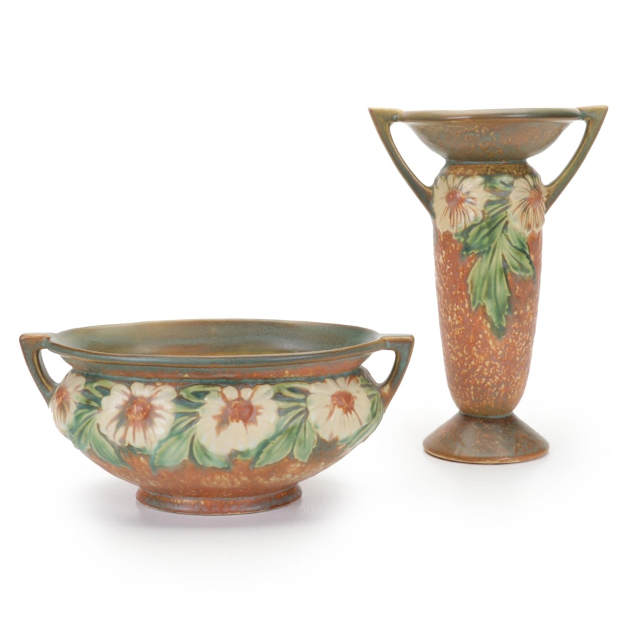 Roseville Pottery "Dahlrose" Earthenware Vase and Console Bowl, circa 1928