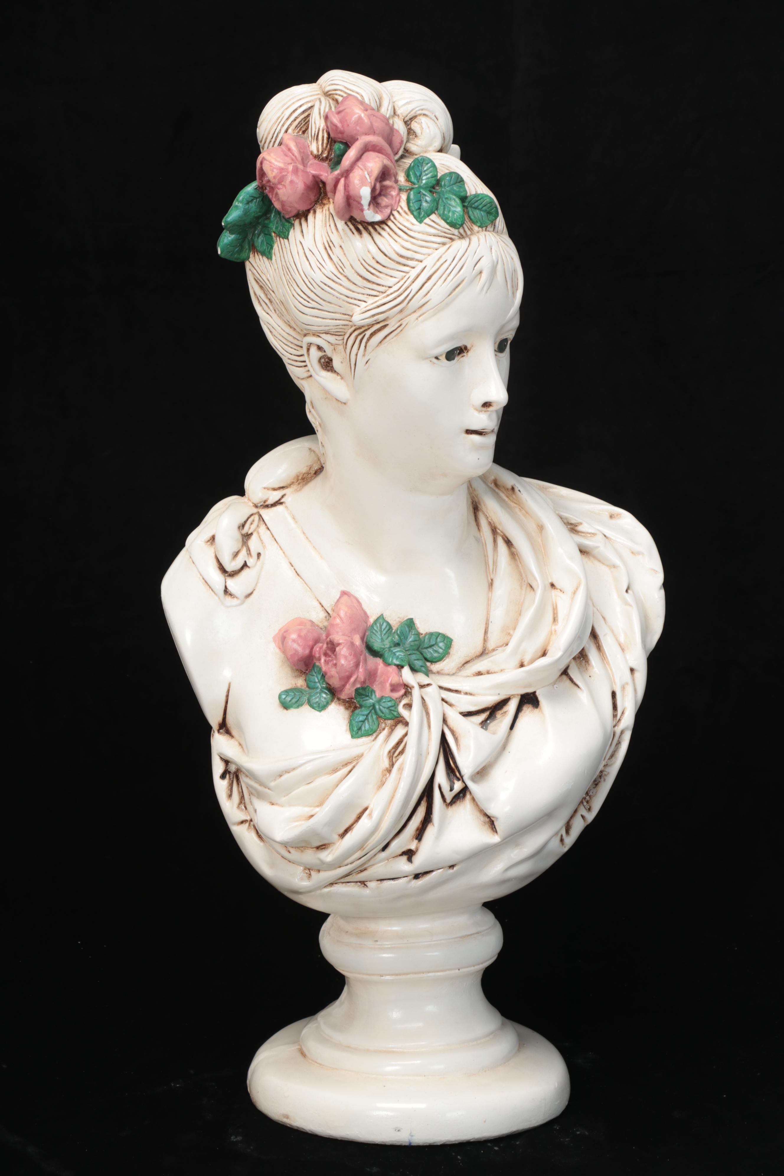Painted Cast Plaster Bust of Woman on Pedestal after A. Carrier-Belleuse