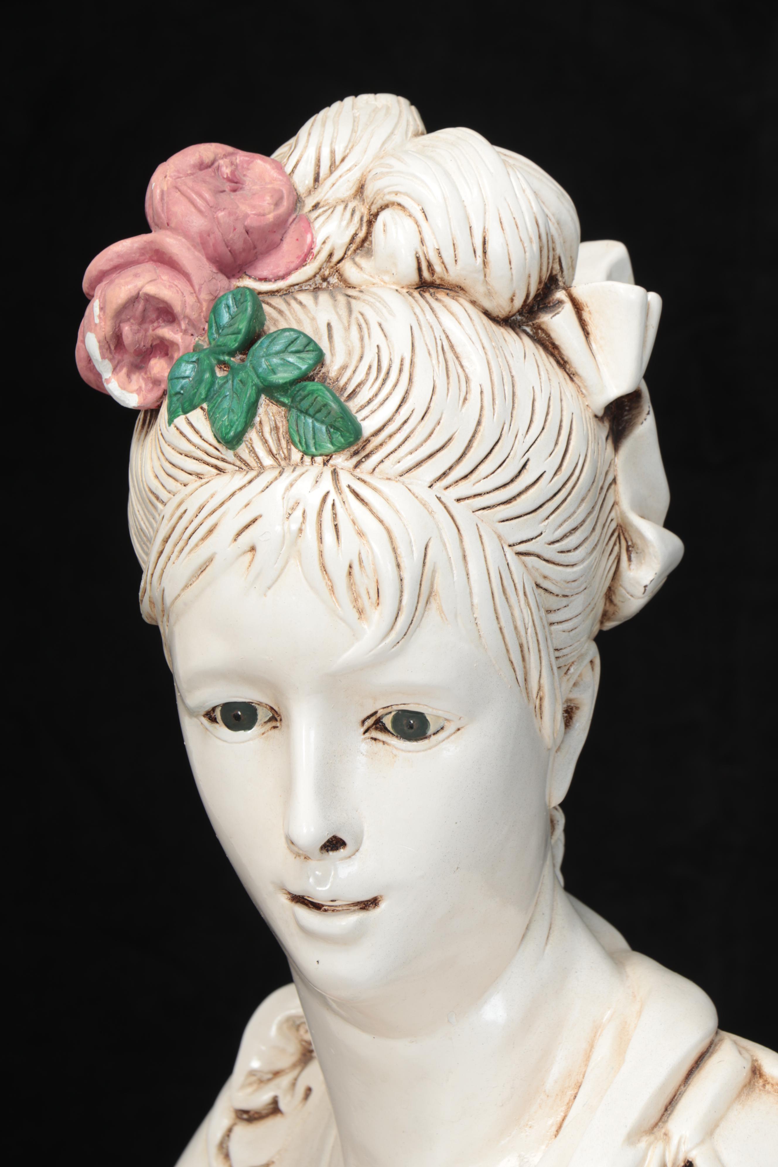 Painted Cast Plaster Bust of Woman on Pedestal after A. Carrier-Belleuse