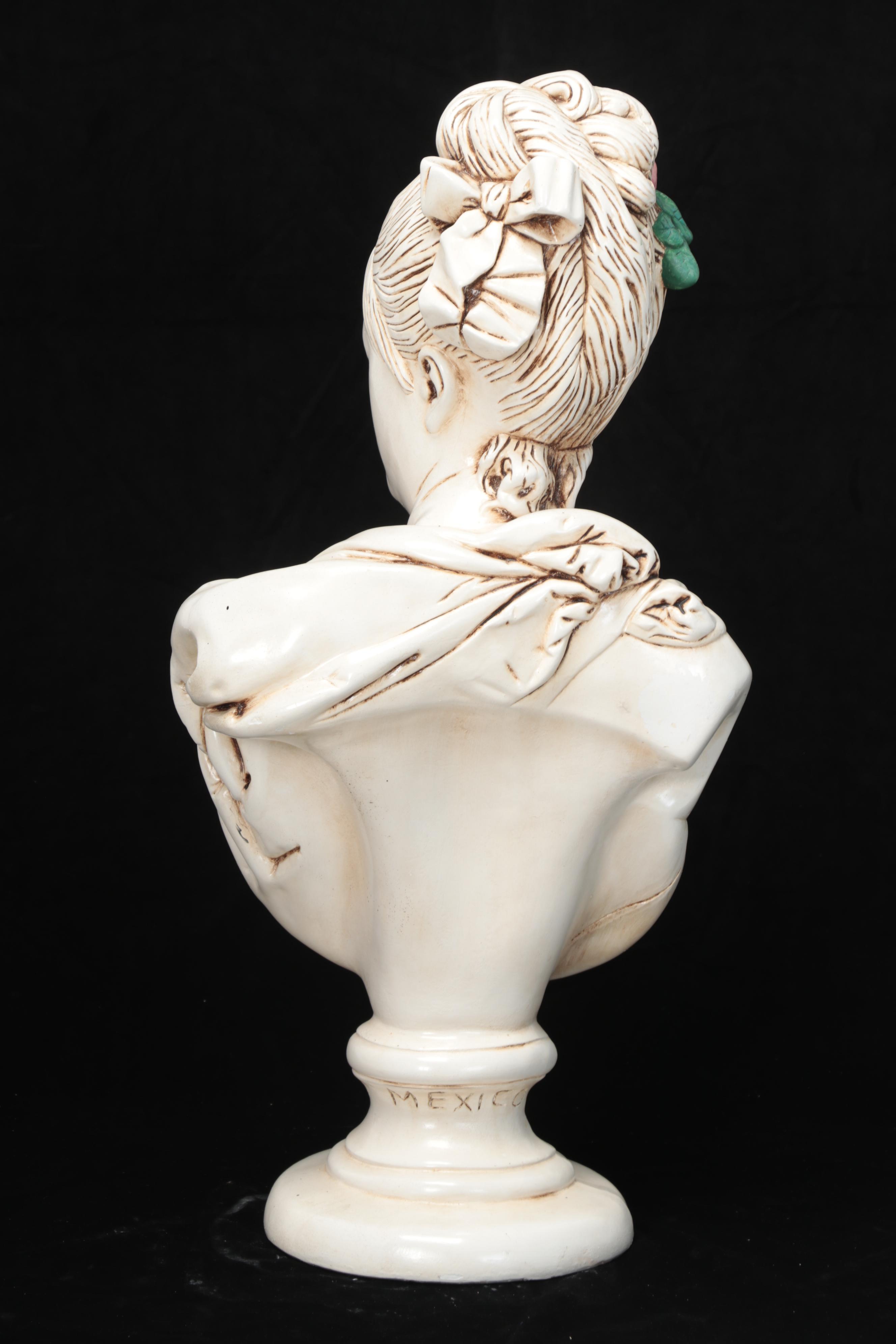 Painted Cast Plaster Bust of Woman on Pedestal after A. Carrier-Belleuse