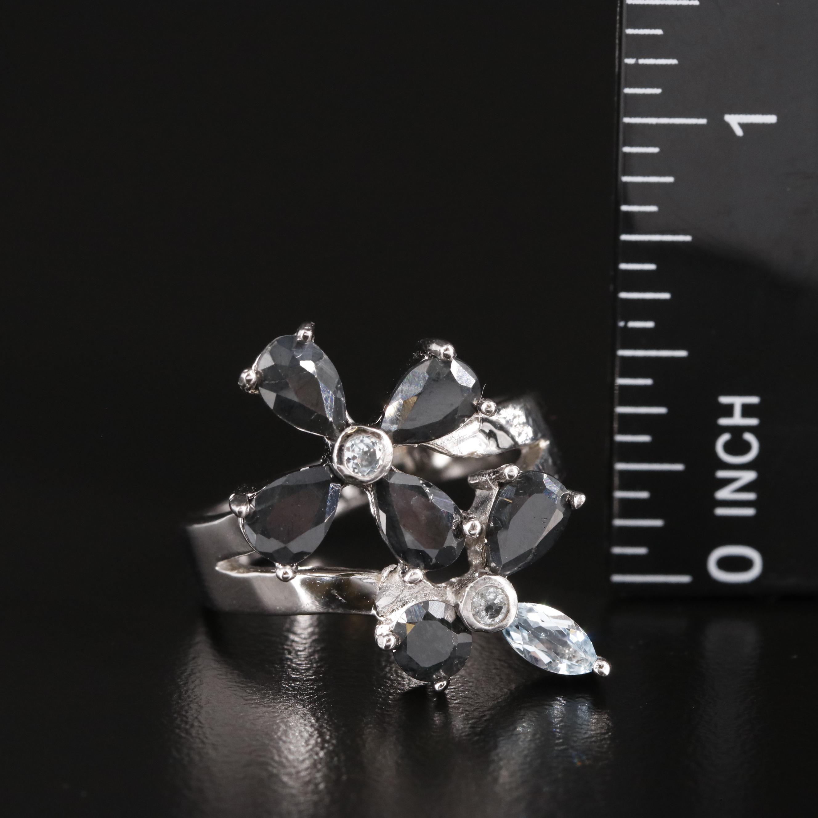 Sterling, Sapphire and Blue Topaz Floral Ring