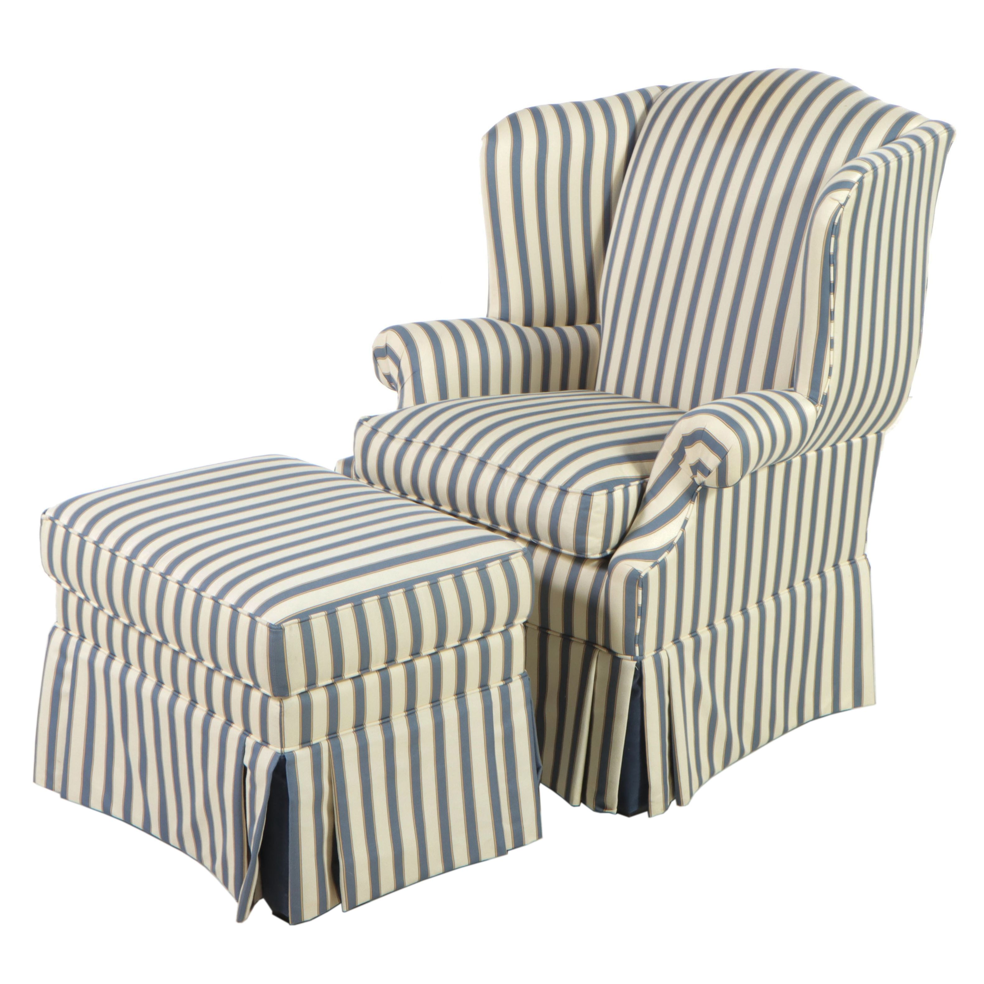 Ethan Allen Ticking Stripe Upholstered Wingback Armchair and Ottoman