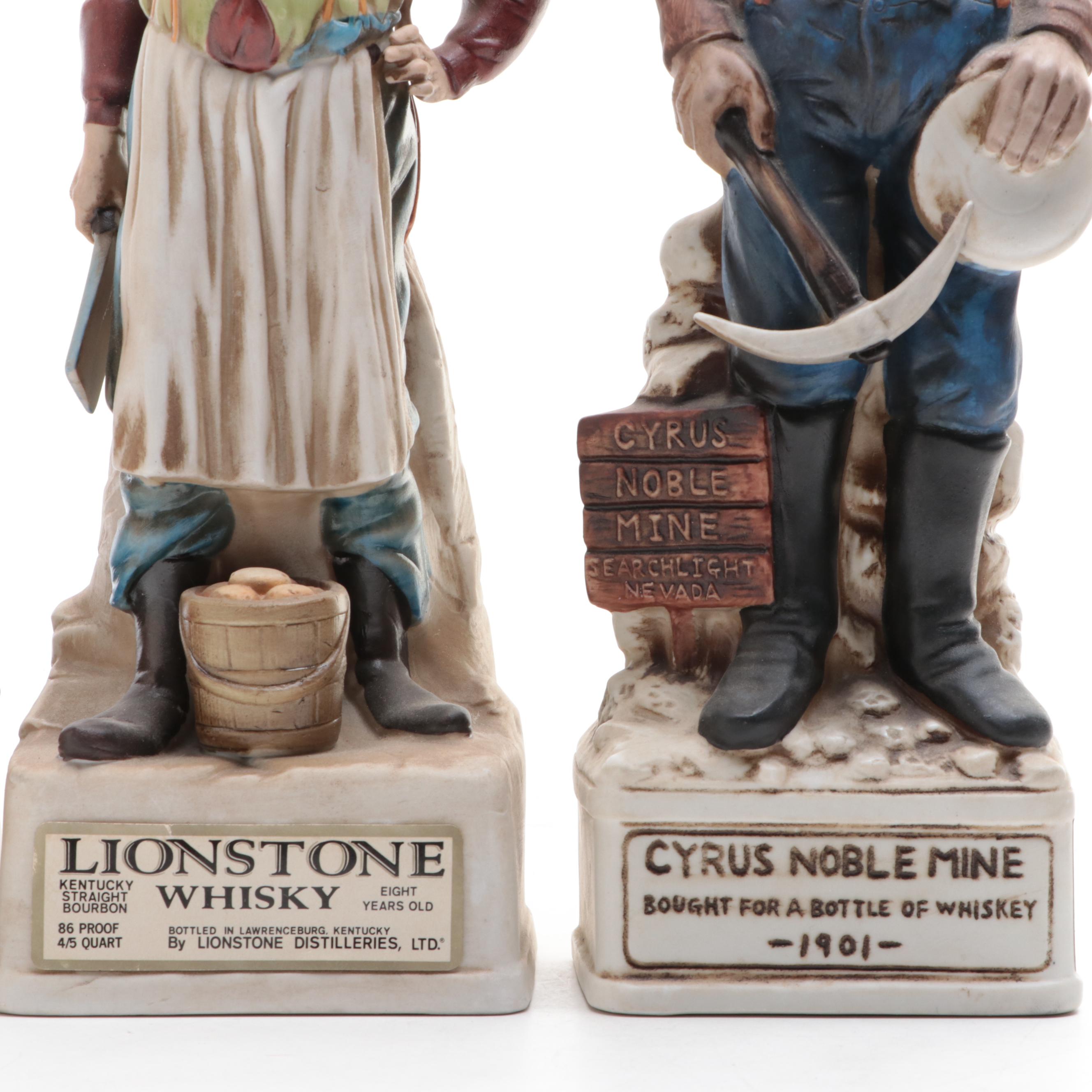Lionstone and Cyrus Noble Mine Figural Porcelain Bisque Whiskey Decanters