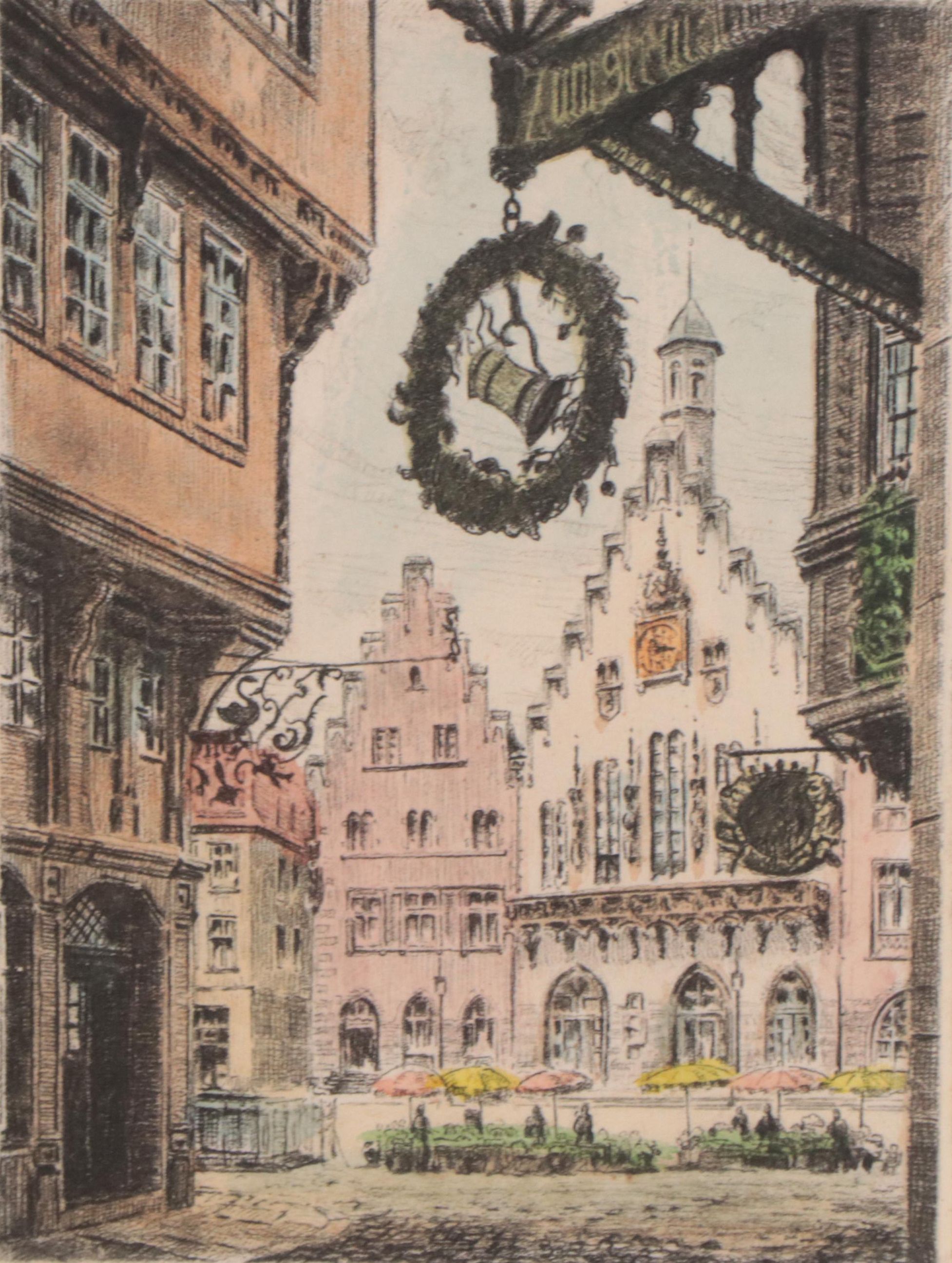 German Street Scene Hand-Colored Etching