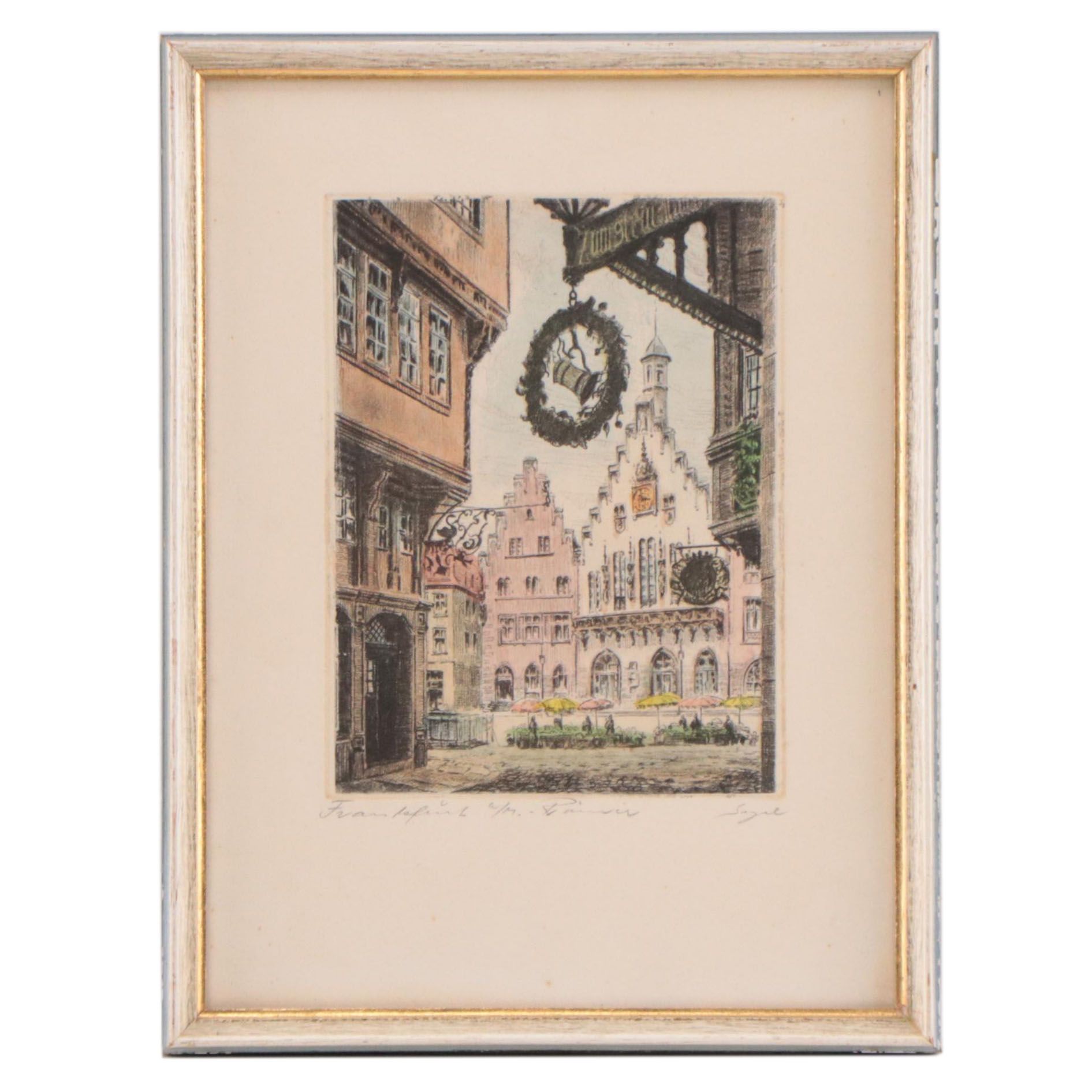 German Street Scene Hand-Colored Etching