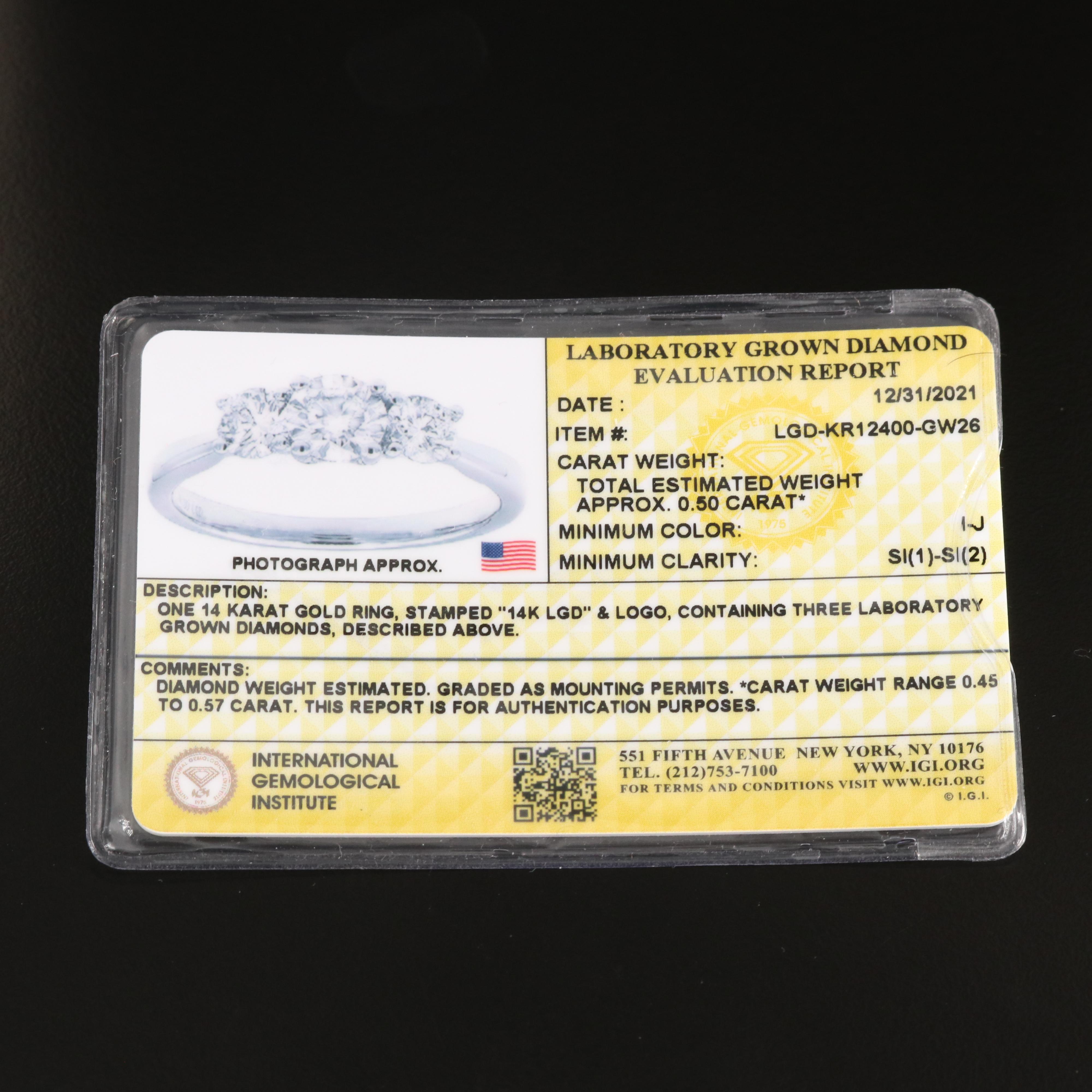 14K 0.48 CTW Lab Grown Diamond Three Stone Ring with IGI Report