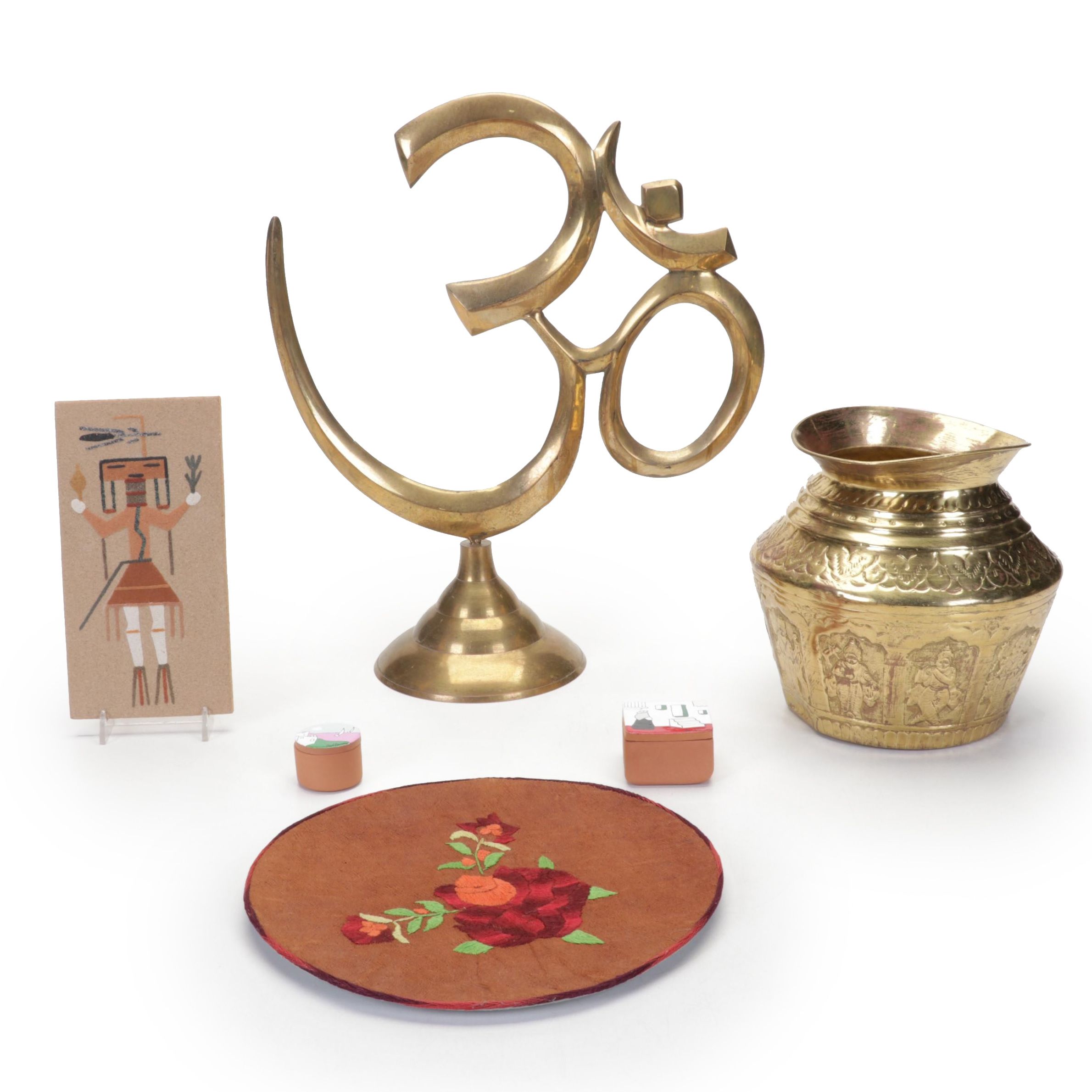 Brass Om Sculpture, Brass Planter, Native American Sand Art, and More Decor