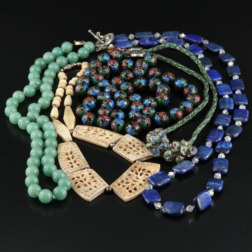 Asian Necklaces Including Cloisonné, Bone, Lapis Lazuli and Glass