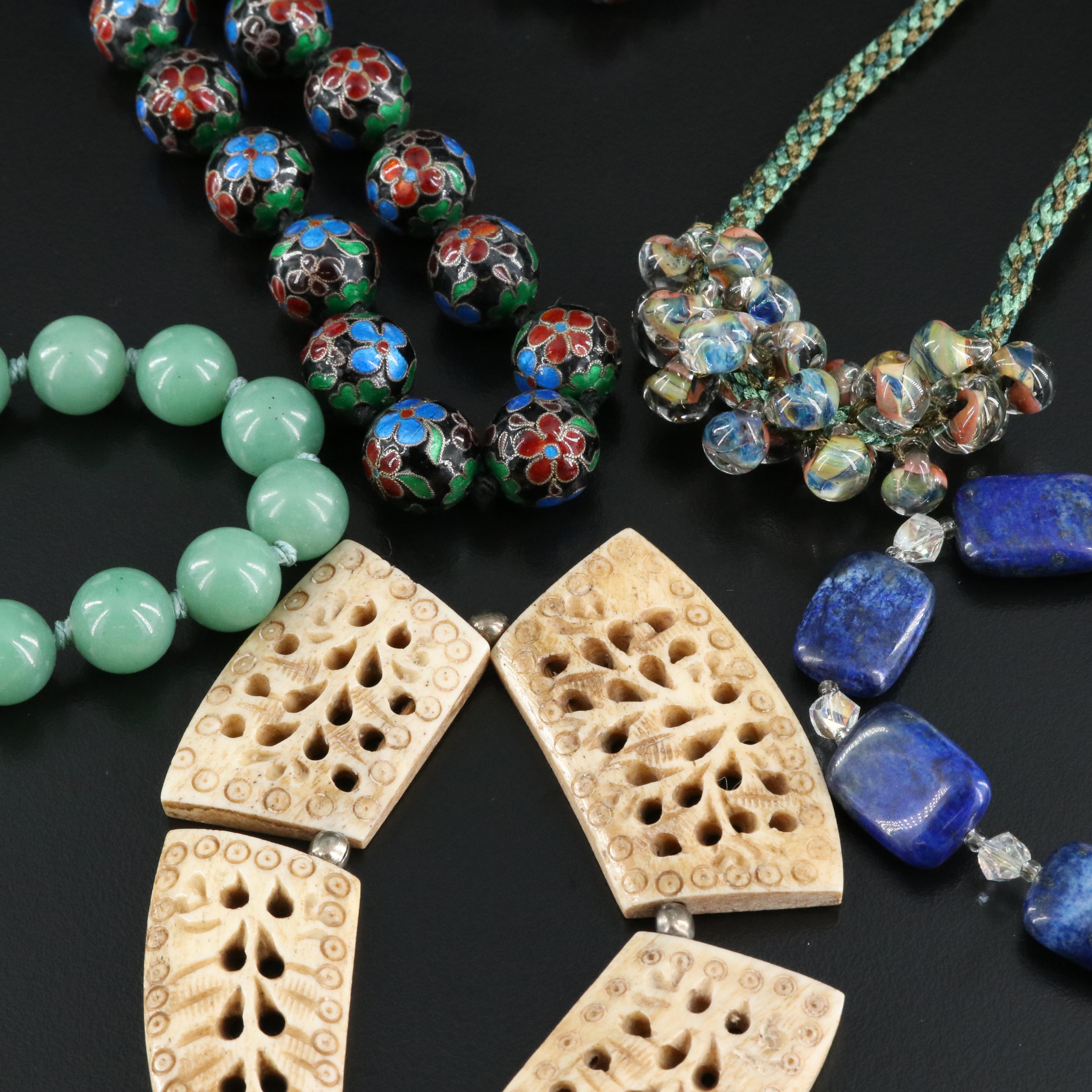 Asian Necklaces Including Cloisonné, Bone, Lapis Lazuli and Glass