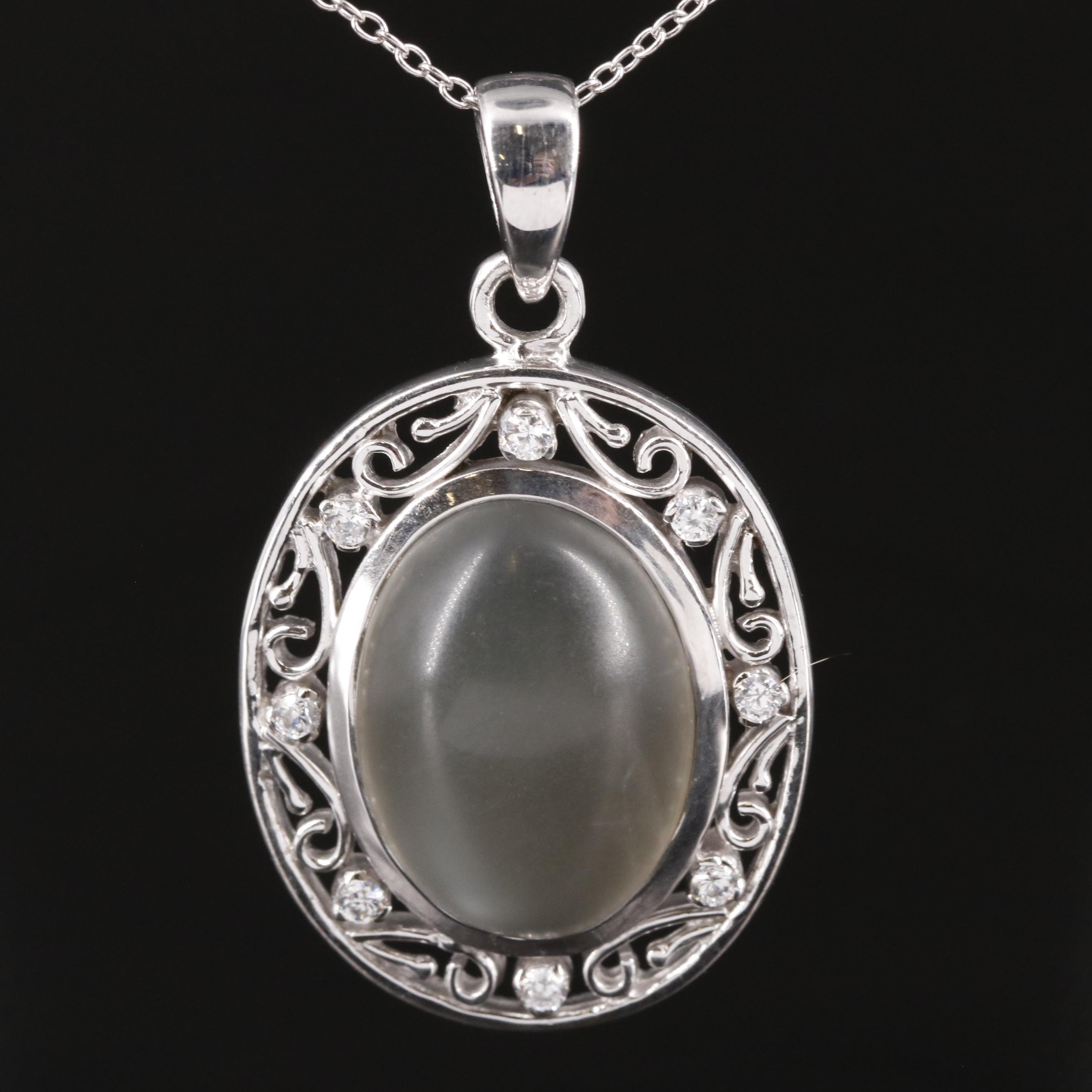 Sterling Moonstone and Cubic Zirconia Pendant Necklace