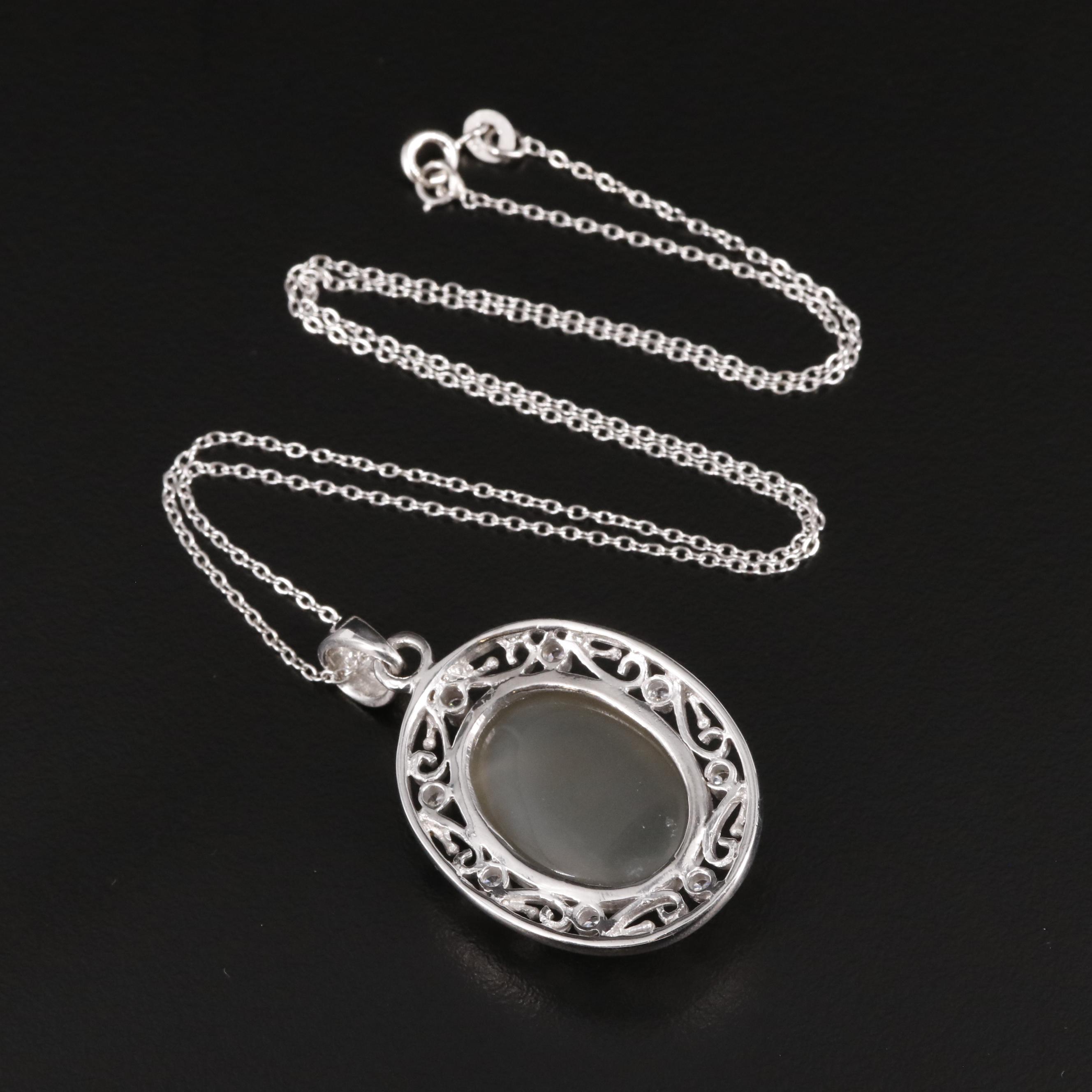 Sterling Moonstone and Cubic Zirconia Pendant Necklace
