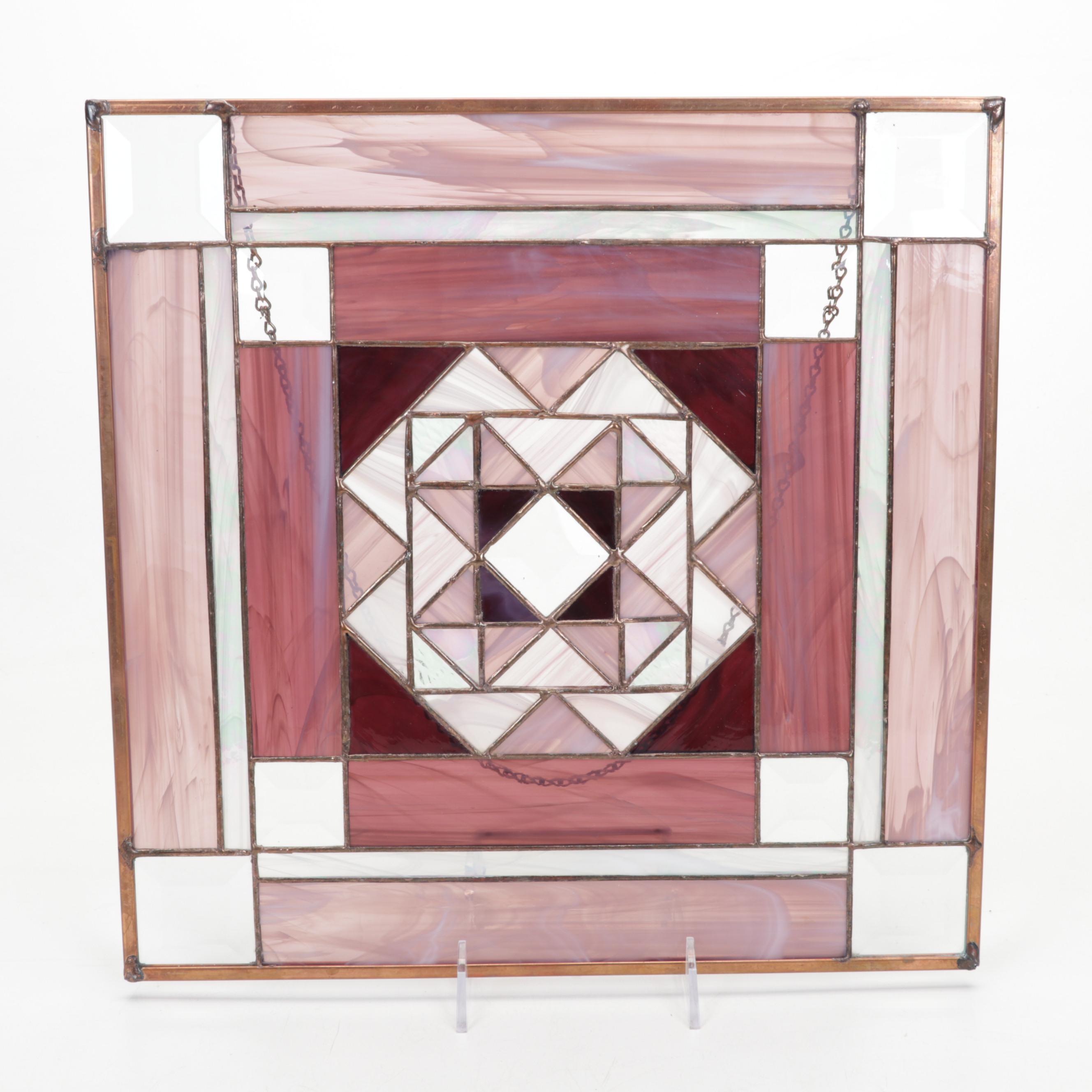 Stained Glass Hanging Quilt Block with Glass Sun Catcher and Glass Flower