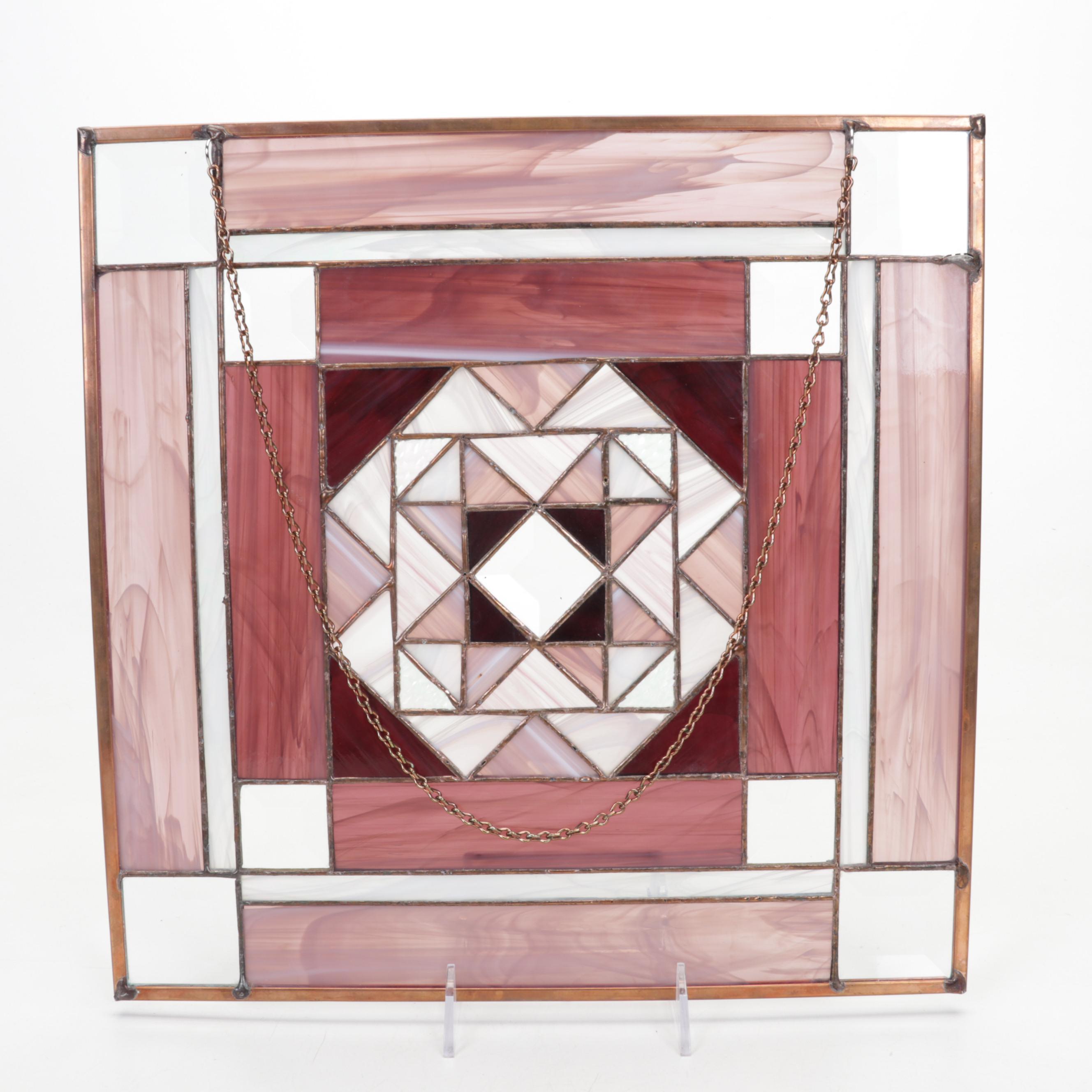 Stained Glass Hanging Quilt Block with Glass Sun Catcher and Glass Flower