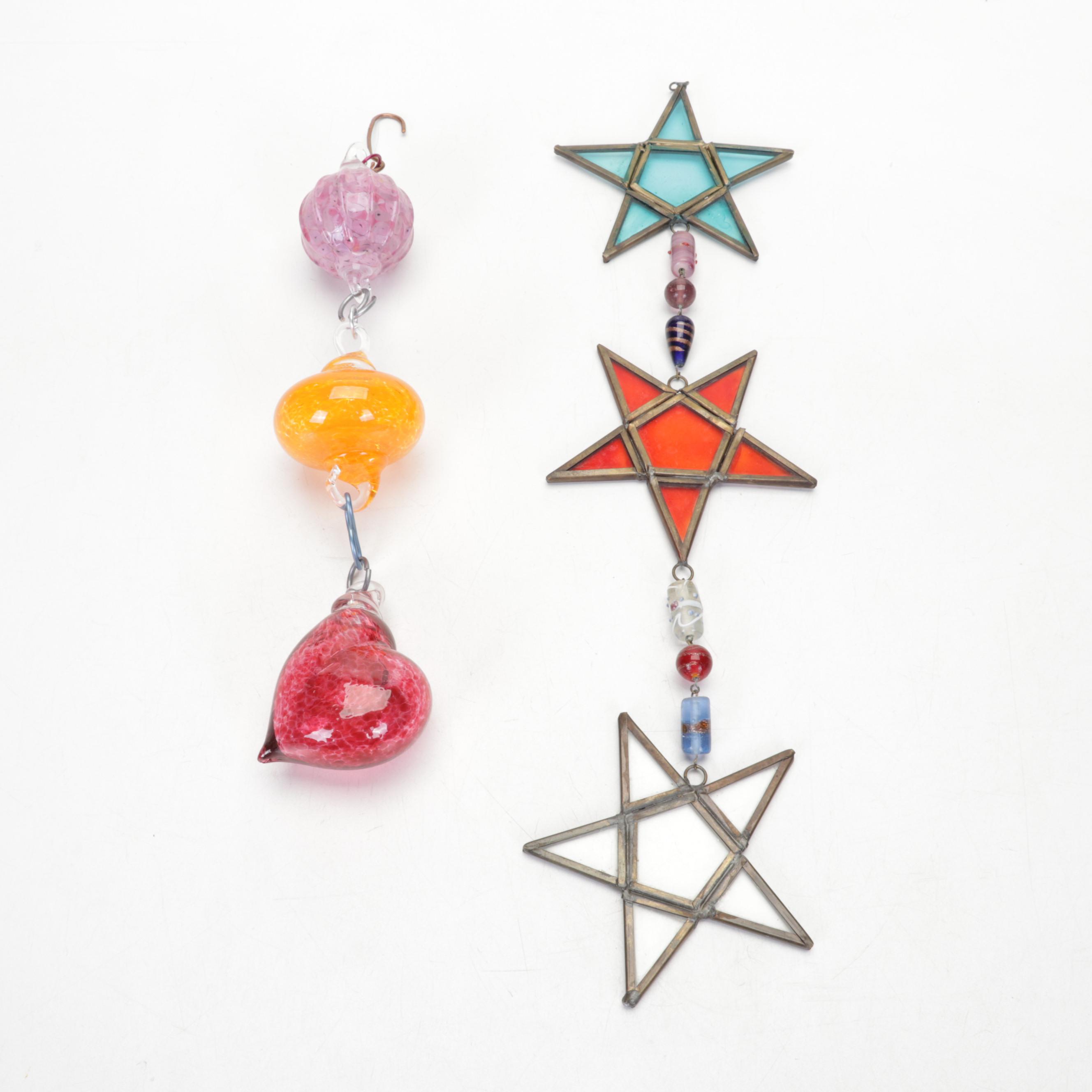 Stained Glass Hanging Quilt Block with Glass Sun Catcher and Glass Flower