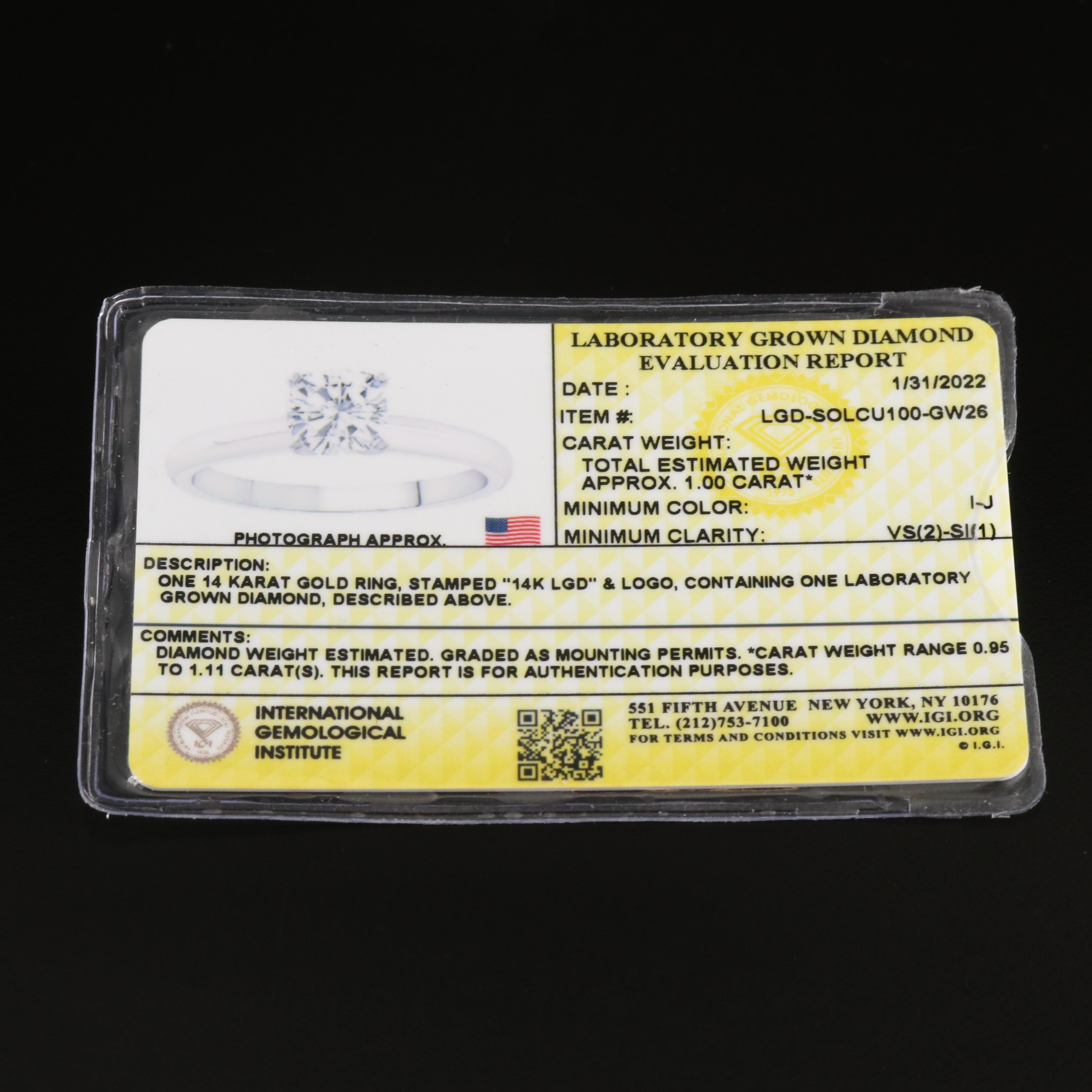 14K 1.00 CT Lab Grown Diamond Solitaire Ring with IGI Report