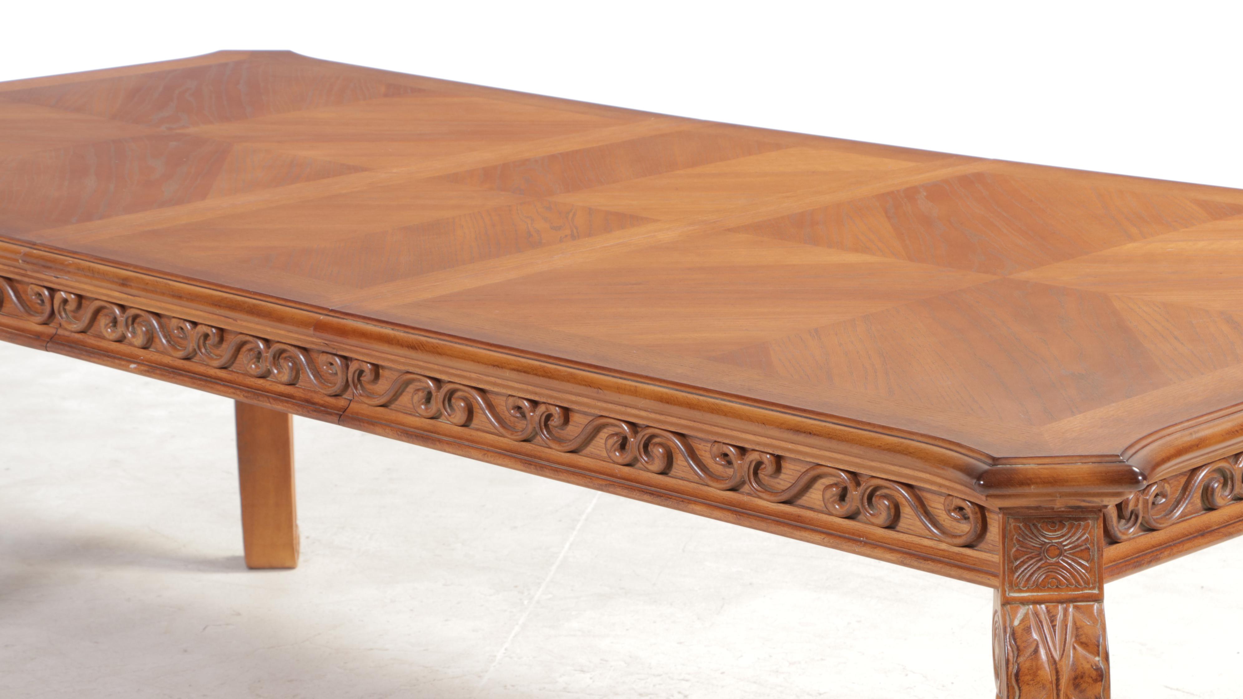 Ashley Furniture Carved Oak Dining Table and Eight Chairs, Late 20th Century