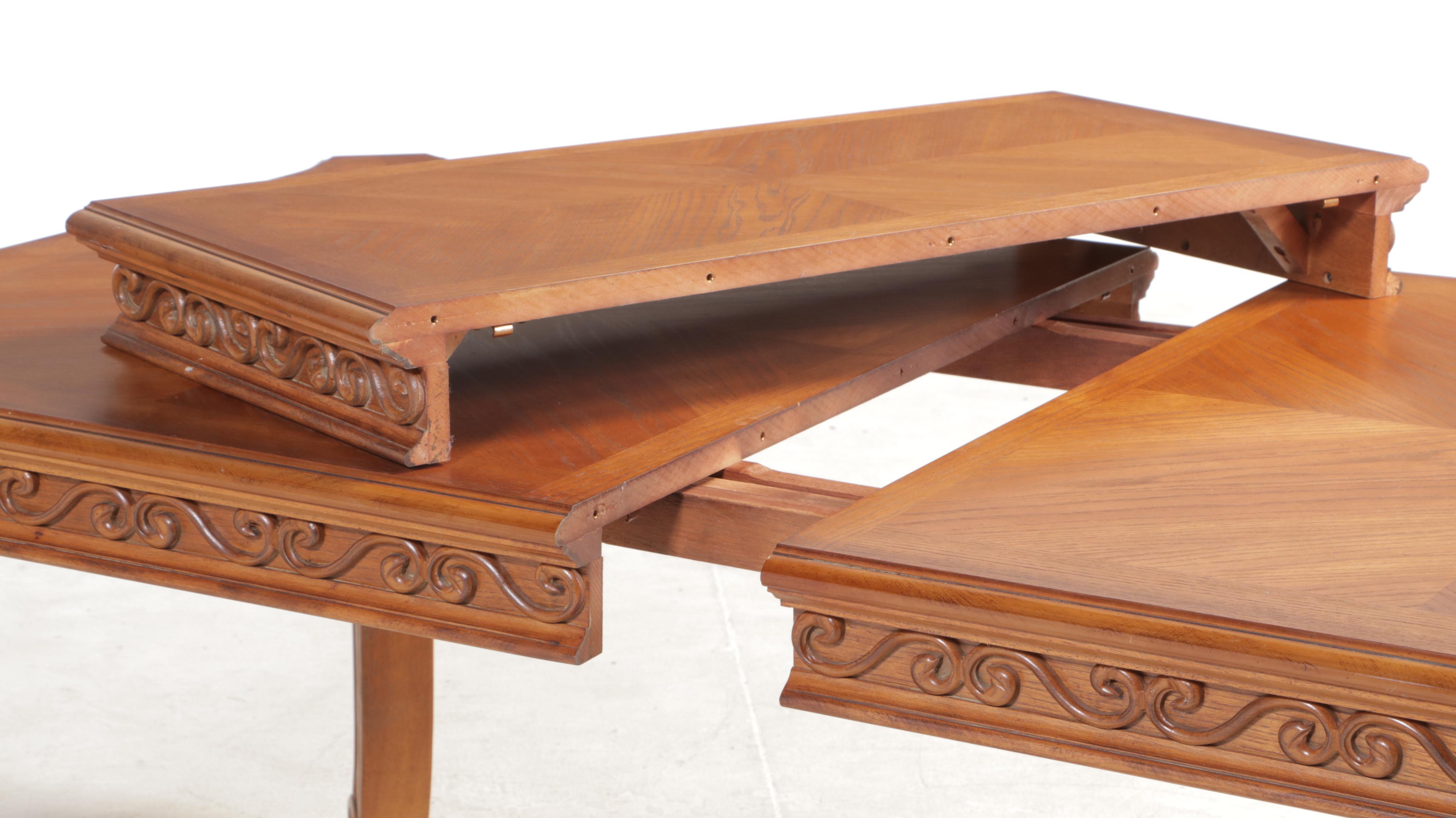 Ashley Furniture Carved Oak Dining Table and Eight Chairs, Late 20th Century